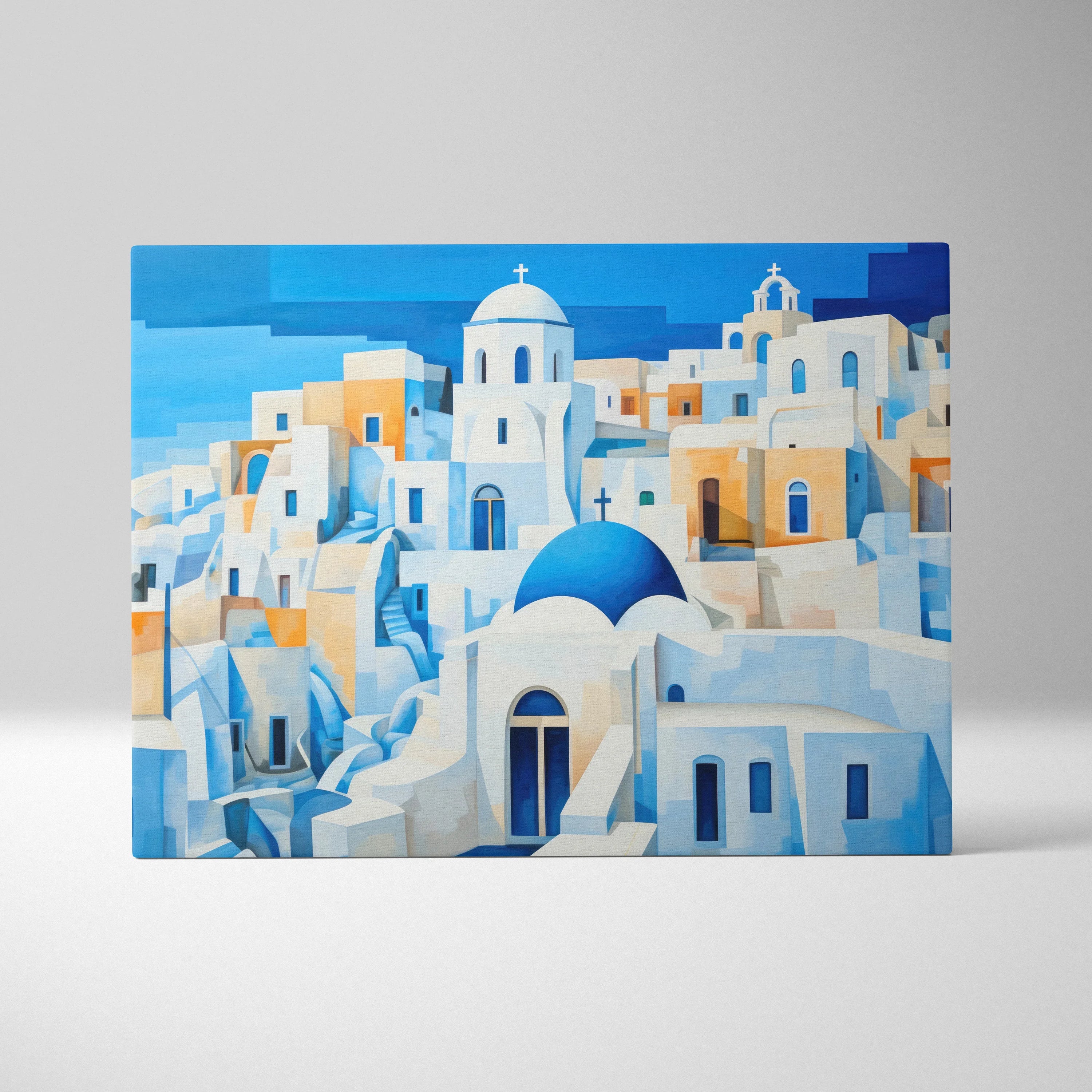 Abstract cityscape canvas wall art featuring white and blue Mediterranean-style buildings under a clear sky.