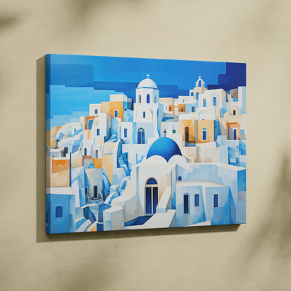Abstract cityscape canvas wall art featuring white and blue geometric buildings under a bright blue sky.