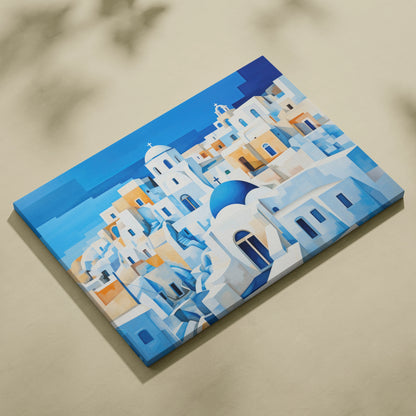 Abstract cityscape canvas art featuring white buildings with blue domes under a vibrant blue sky, modern wall art design.