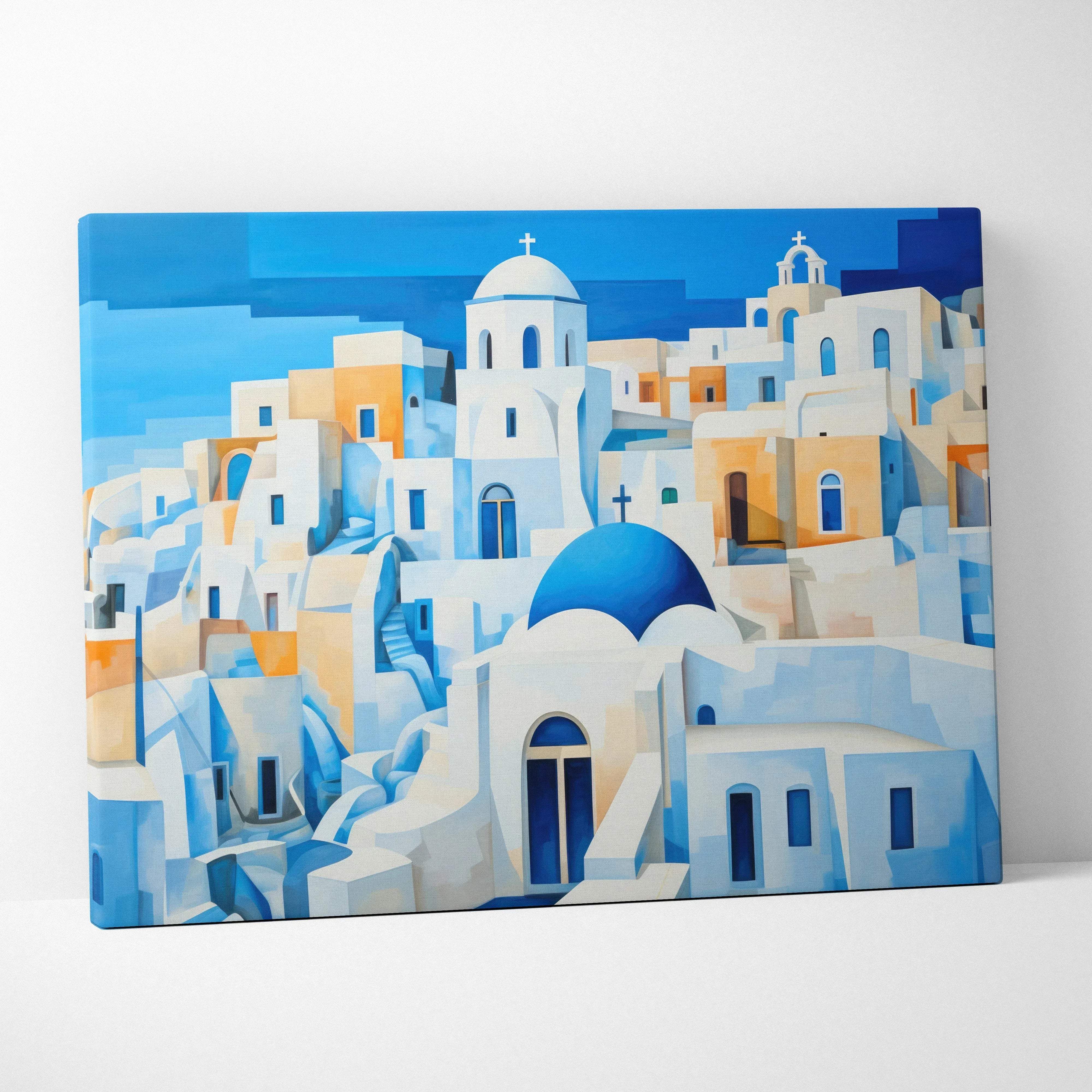 A vibrant abstract cityscape canvas wall art featuring geometric whitewashed greek buildings with blue domes and accents