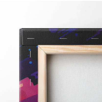 Close-up of a canvas art corner with a vibrant abstract design in purple, blue, and pink tones on stretched fabric over a.