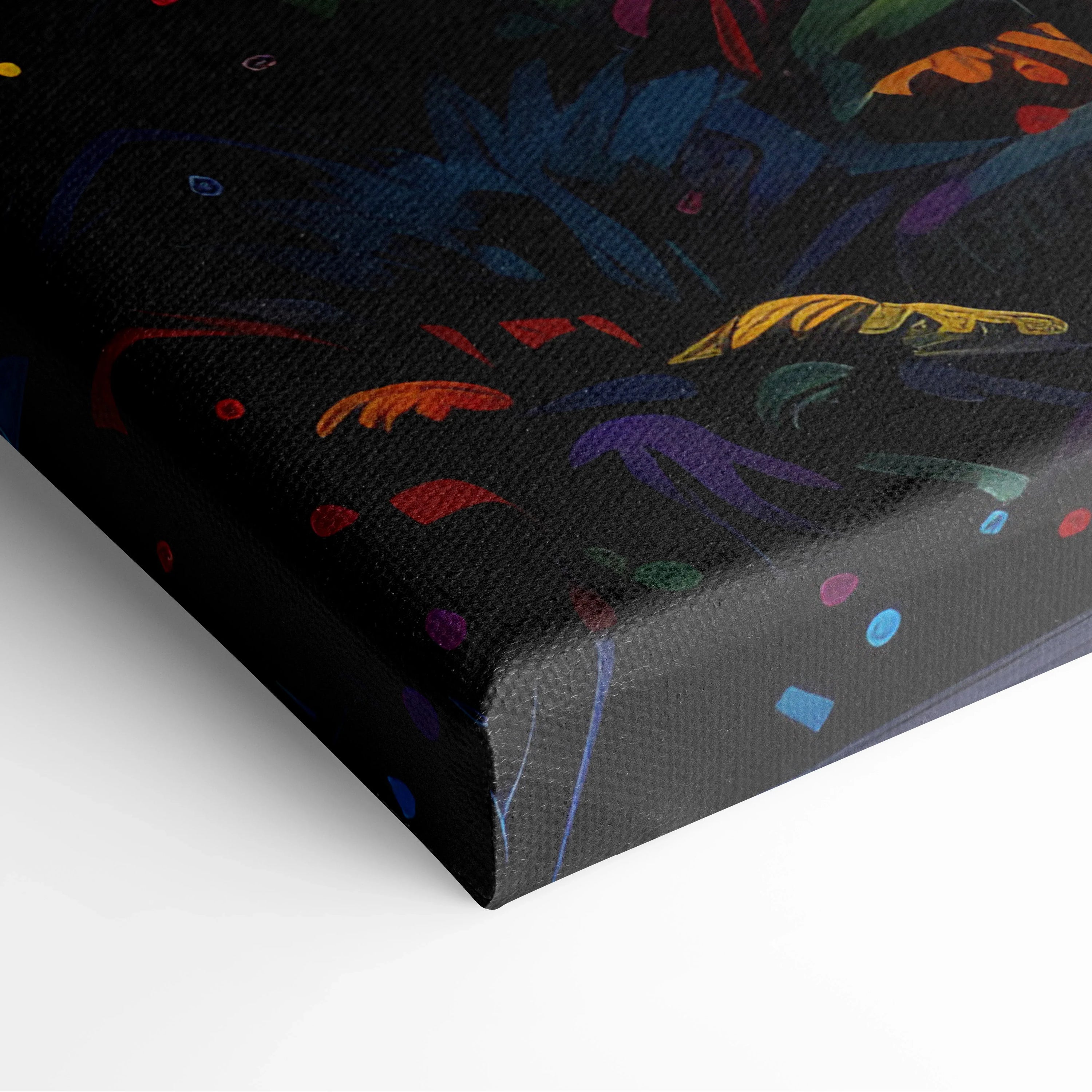 Edge of black canvas art featuring vibrant abstract shapes in orange, purple, and blue tones.