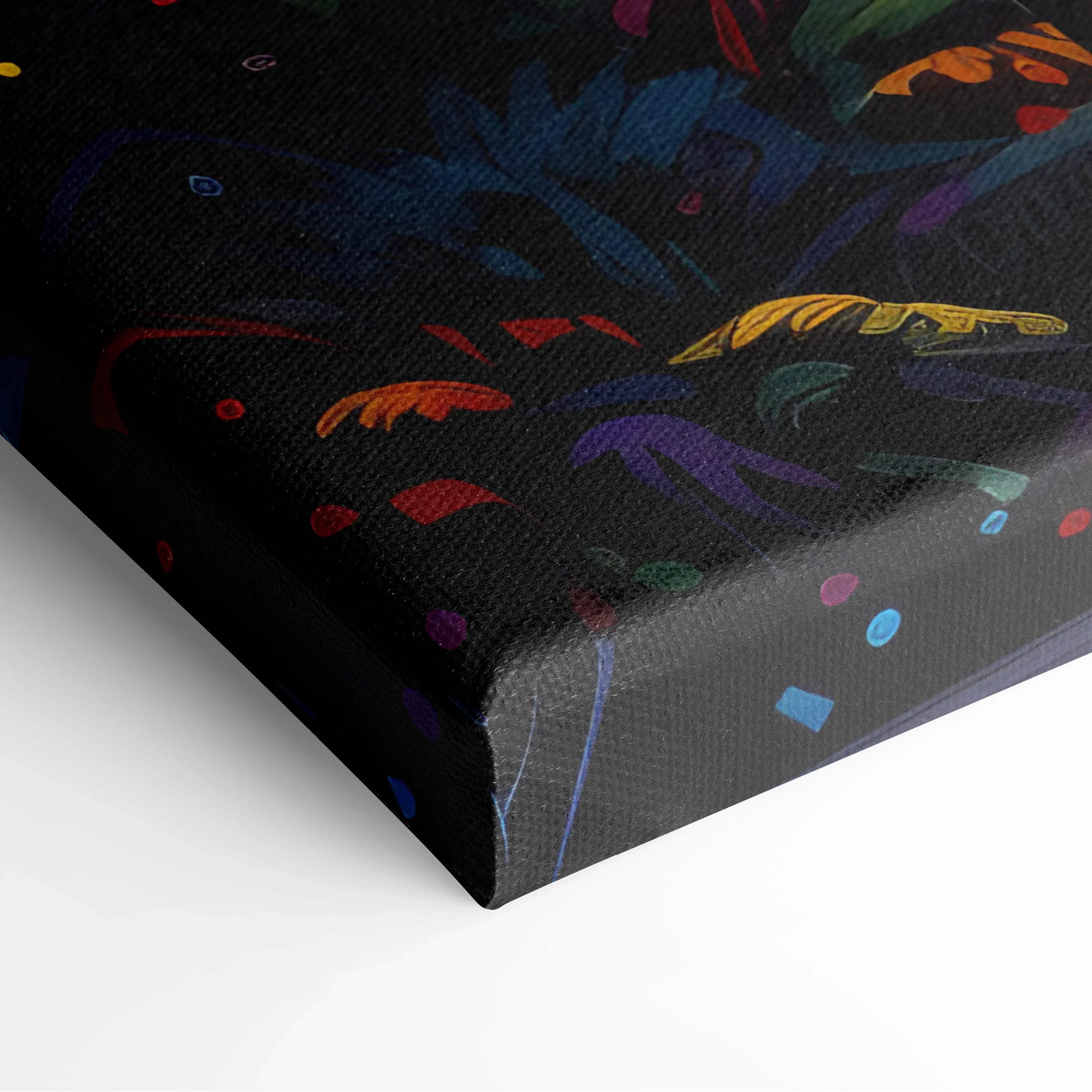 Black canvas print featuring vibrant abstract floral and leaf motifs in rainbow hues for modern wall art decor