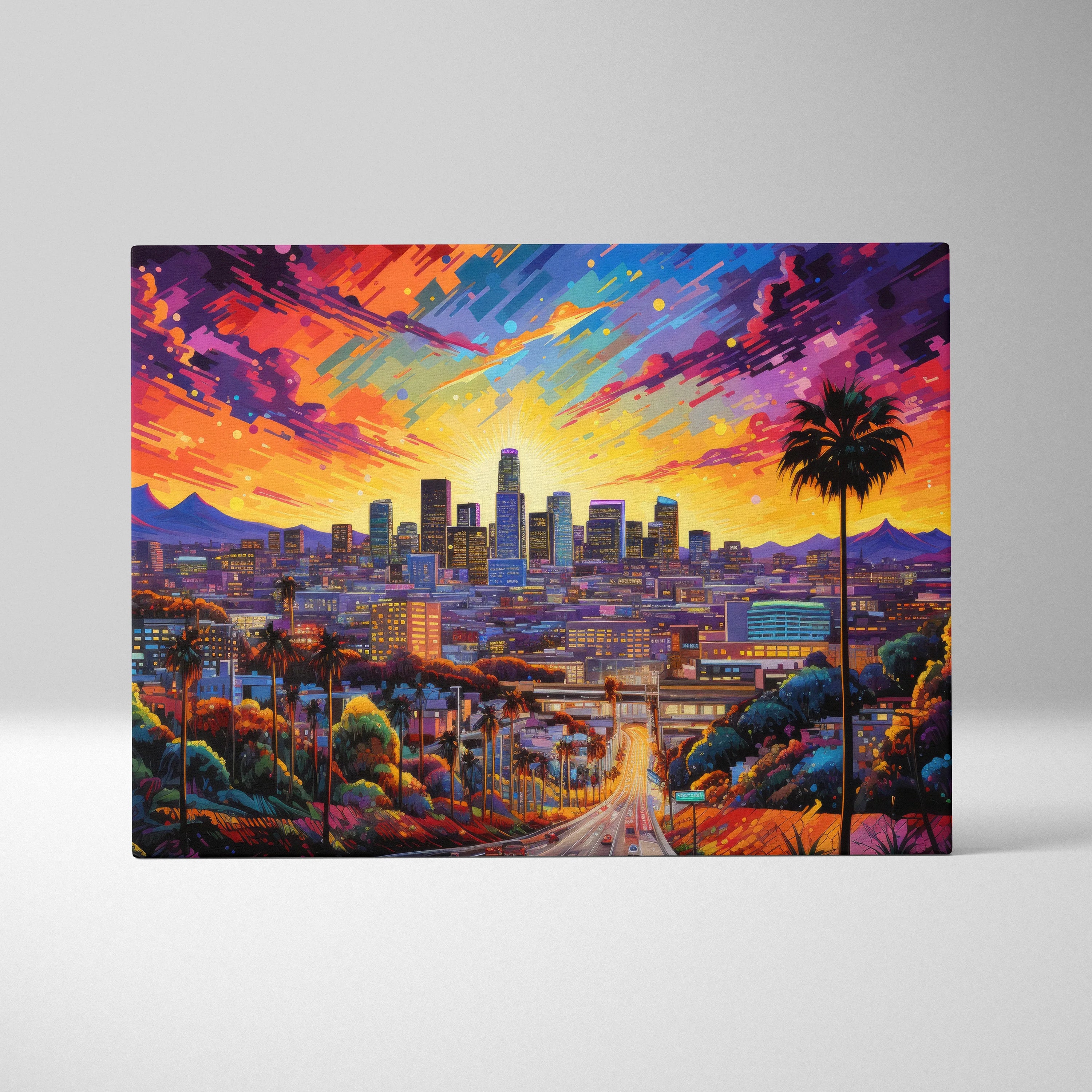 Vibrant modern abstract canvas art of Los Angeles skyline with colorful sunset and palm tree silhouette.