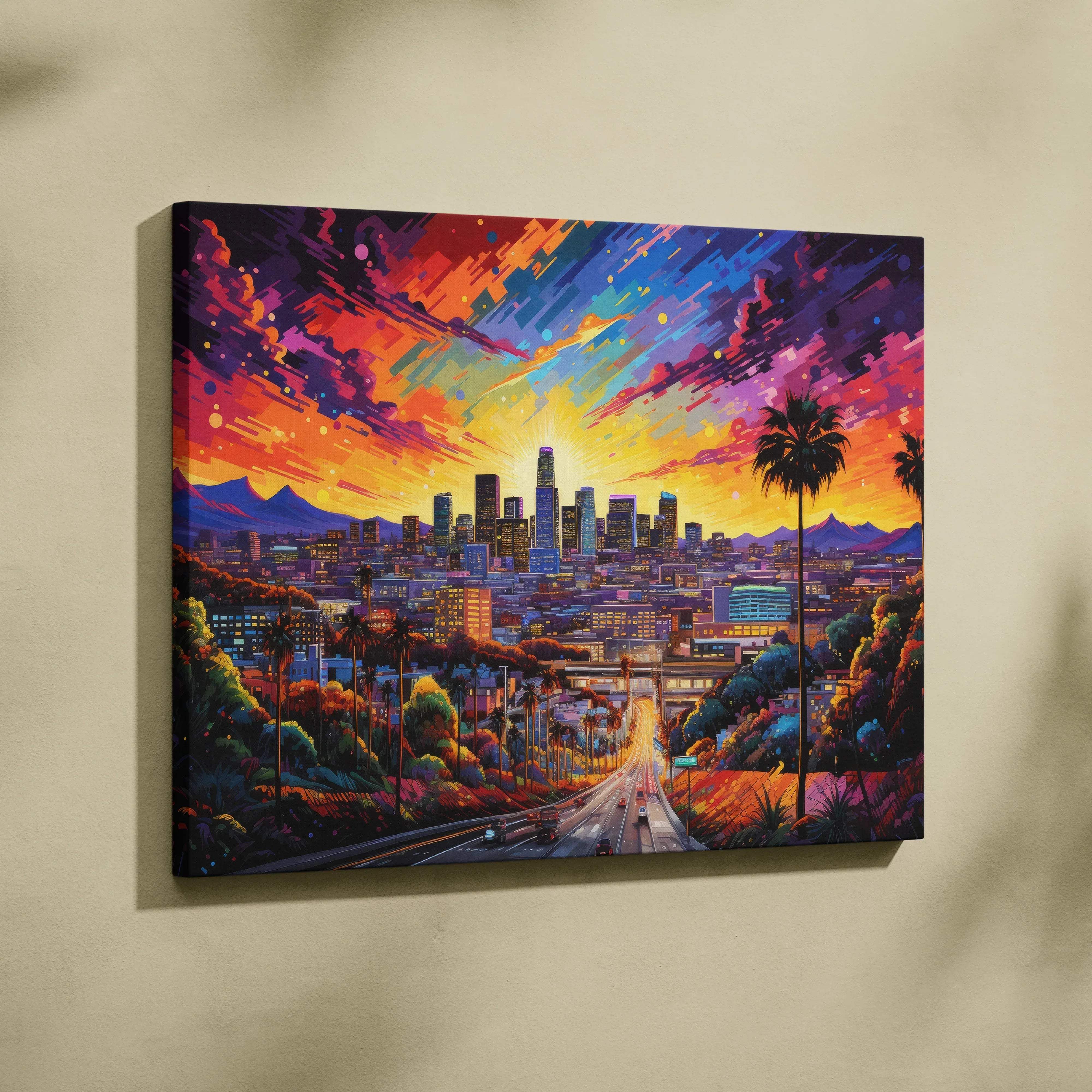 Vibrant sunset Los Angeles skyline canvas wall art featuring a modern abstract cityscape with neon skies and palm trees