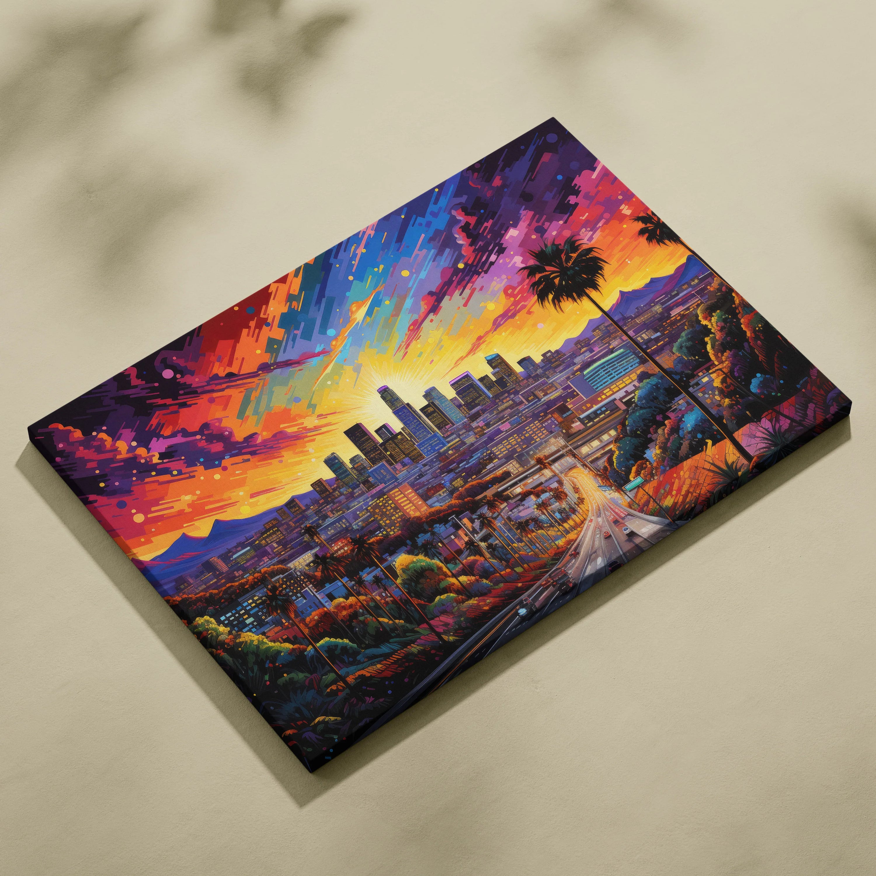 Colorful modern abstract digital canvas art of Los Angeles city skyline with vibrant sunset and palm trees.