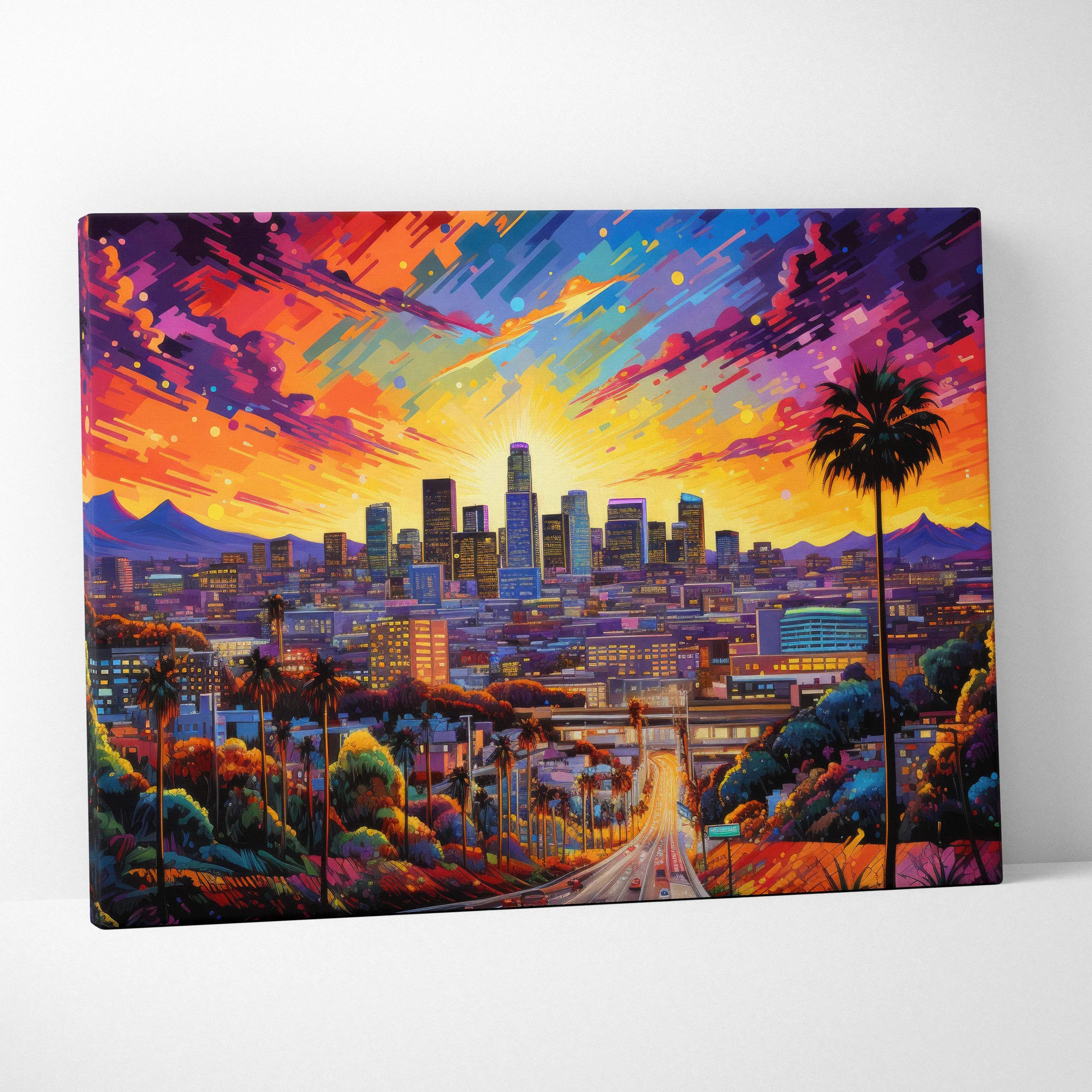 Vibrant sunset los angeles skyline canvas wall art features a stylized cityscape with bold orange purple and blue hues