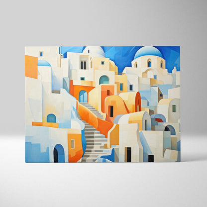 Abstract cityscape digital art canvas print with white and beige buildings, blue domes, and orange stairs.