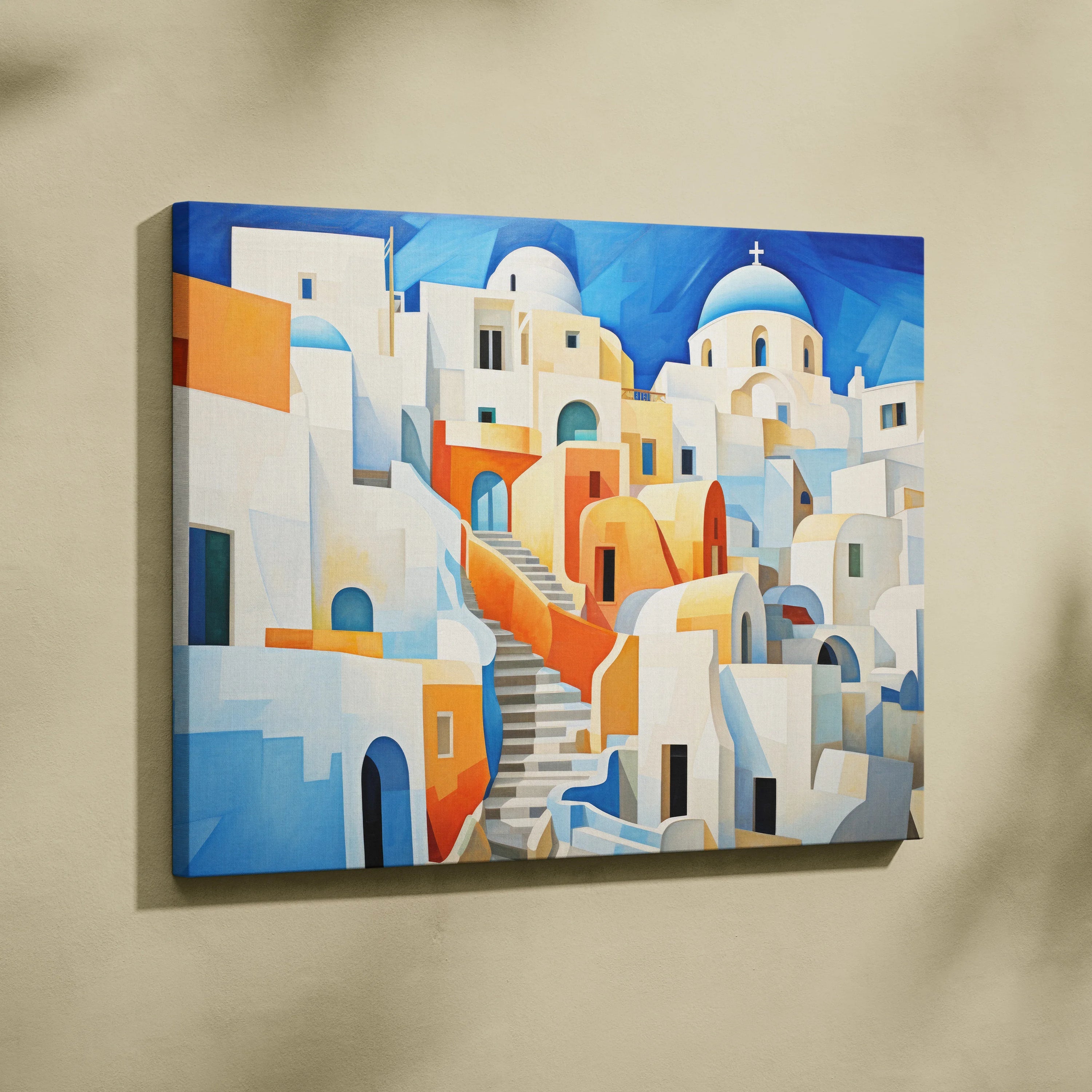 Abstract cityscape canvas art with white buildings, blue domes, and warm orange accents on wall.