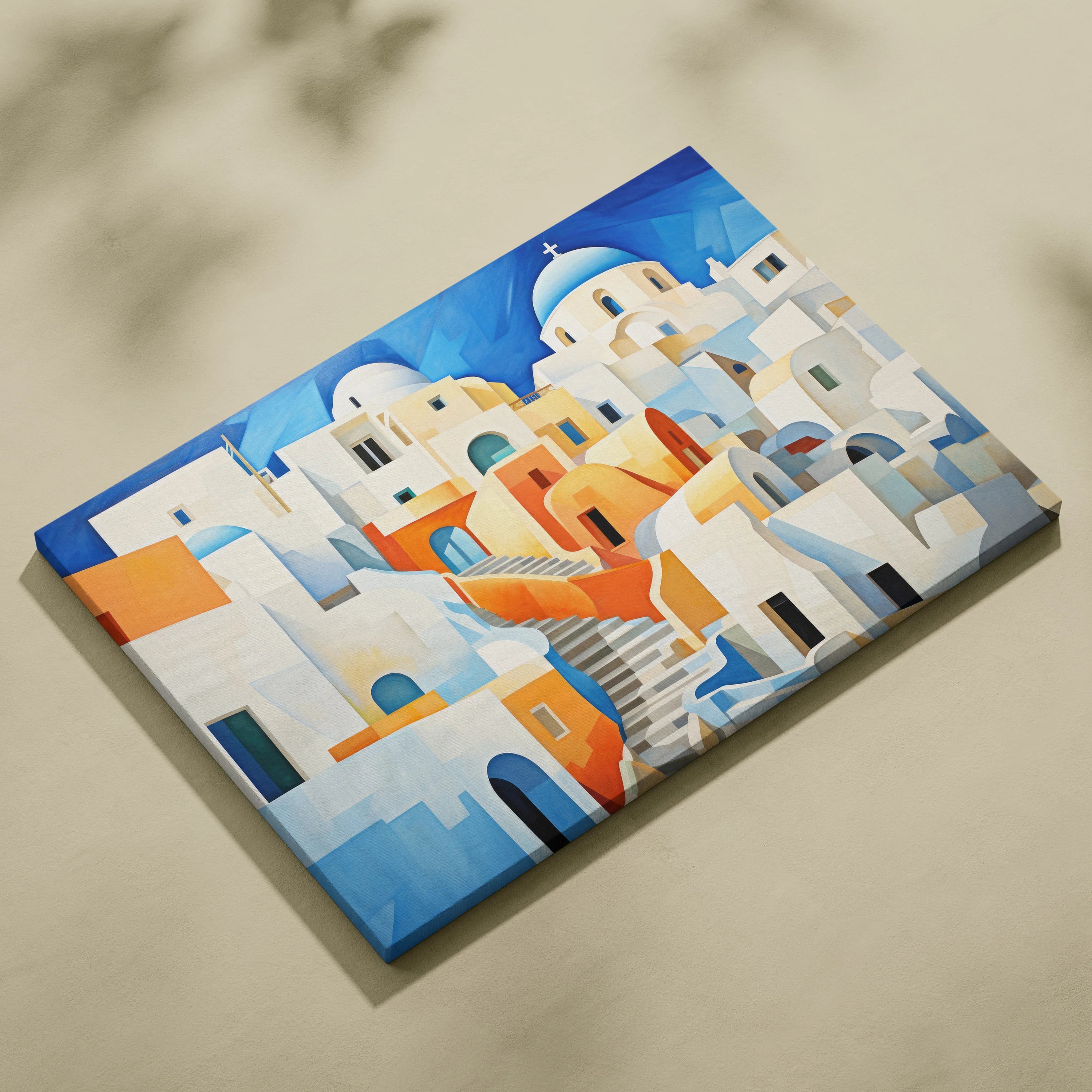Abstract cityscape canvas art featuring white and orange buildings with blue domes against a bright blue sky.
