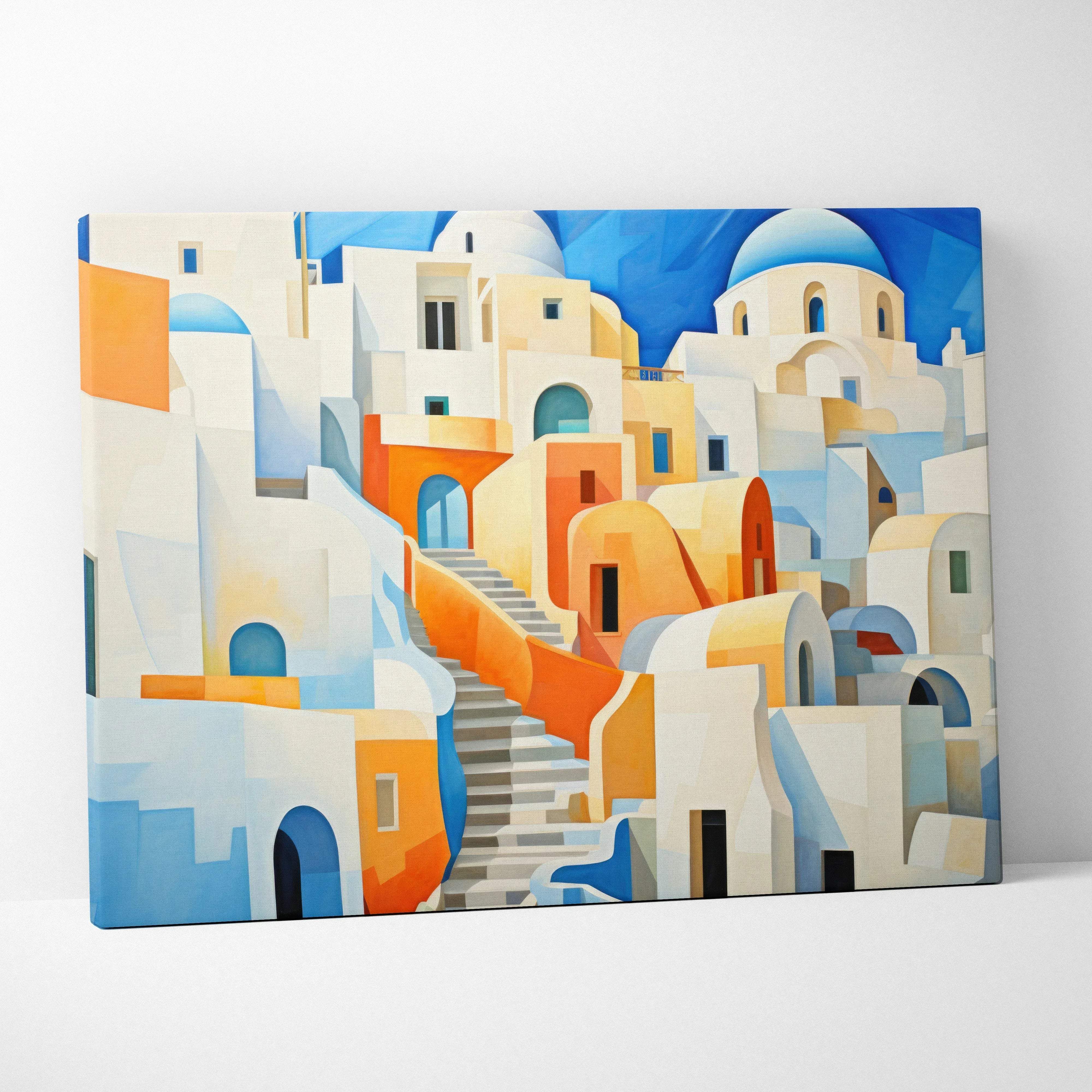 A vibrant abstract cityscape canvas wall art with geometric white and orange buildings under a bright blue sky