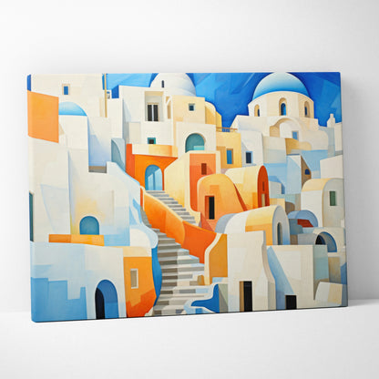 Abstract cityscape canvas art featuring white and orange buildings with blue dome roofs and stairs against a vibrant blue.