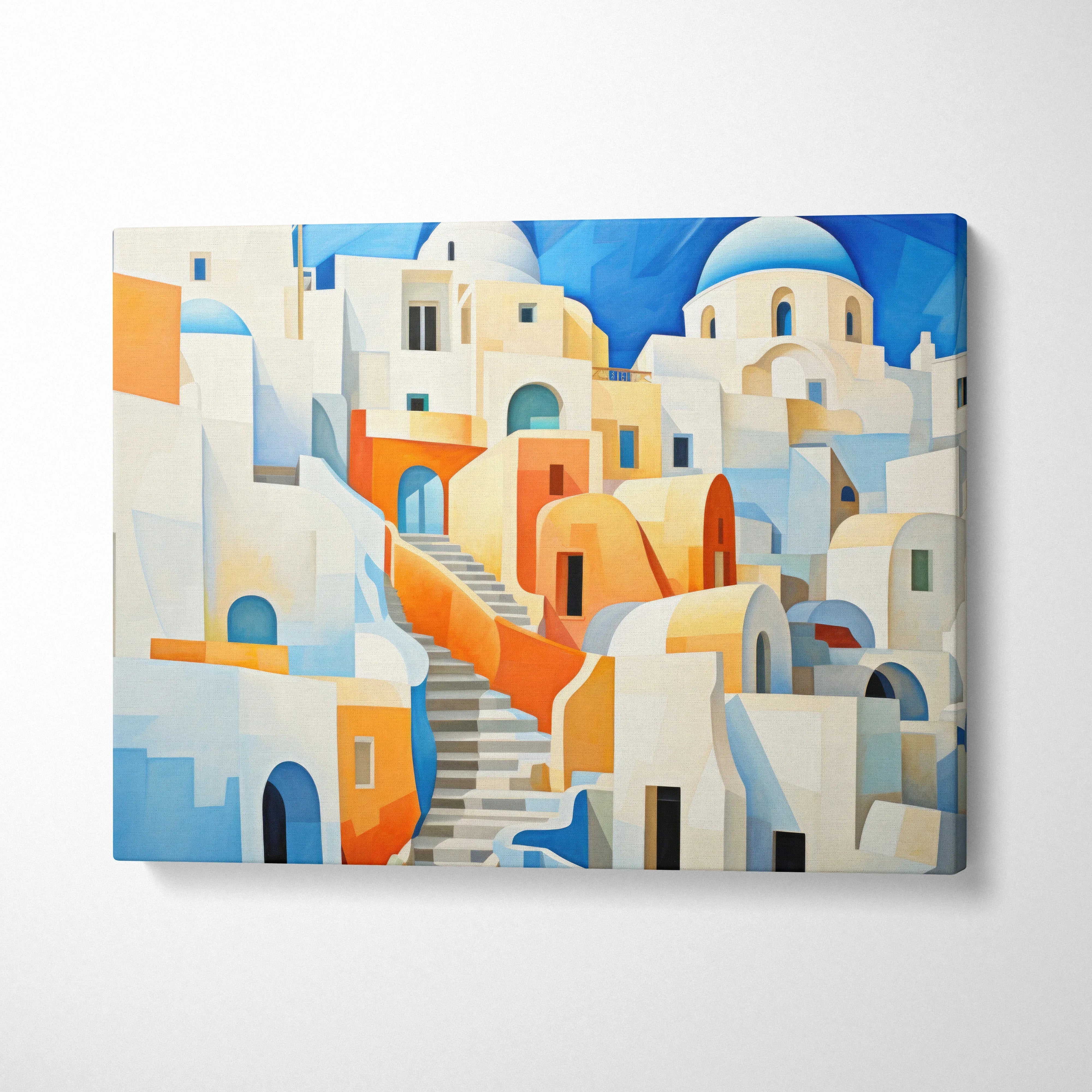 Abstract cityscape canvas art with white and orange buildings and blue sky wall art.