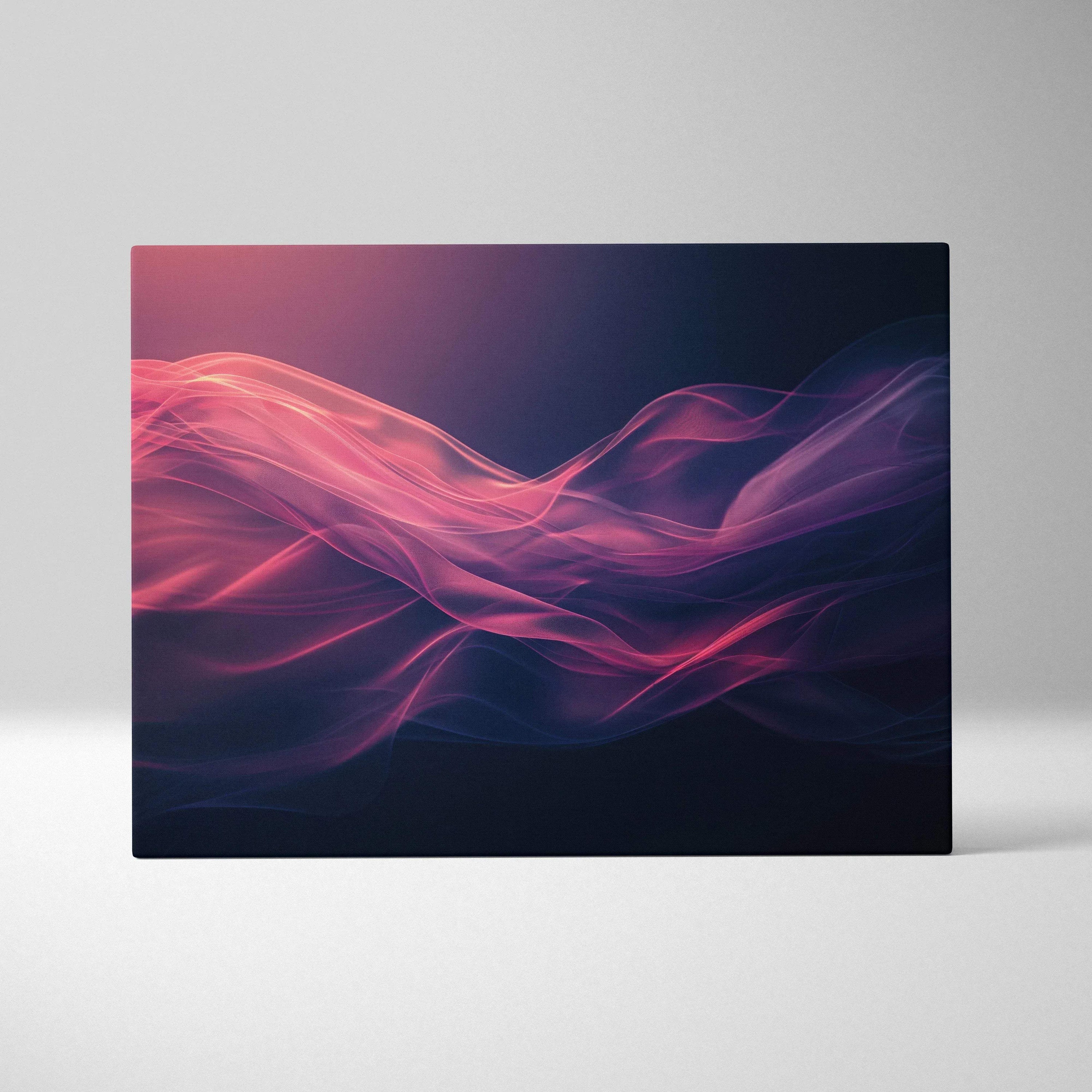 Canvas wall art featuring vibrant abstract digital waves in shades of pink and purple on a dark background.