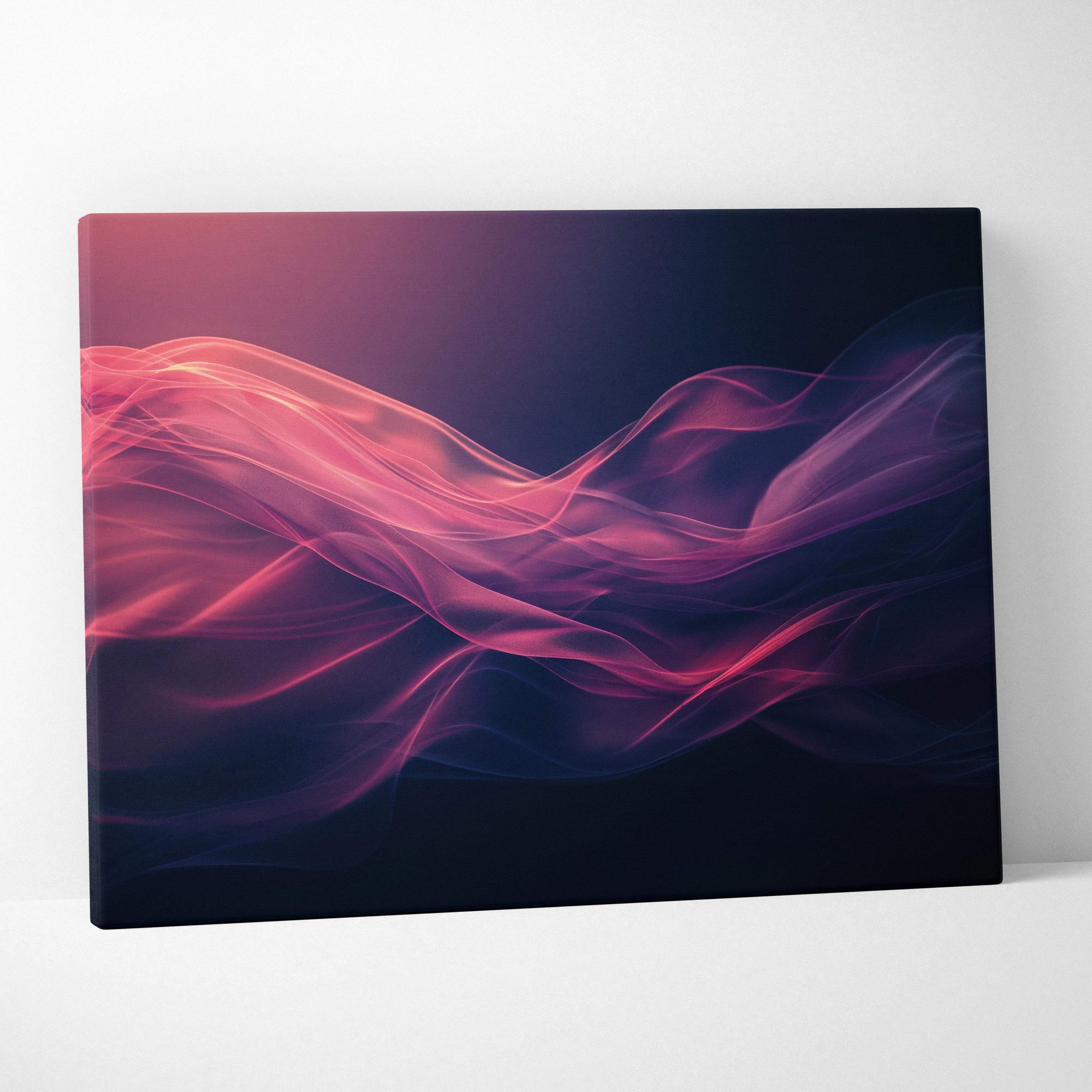 Abstract digital canvas art featuring flowing pink and purple waveforms on a dark background.