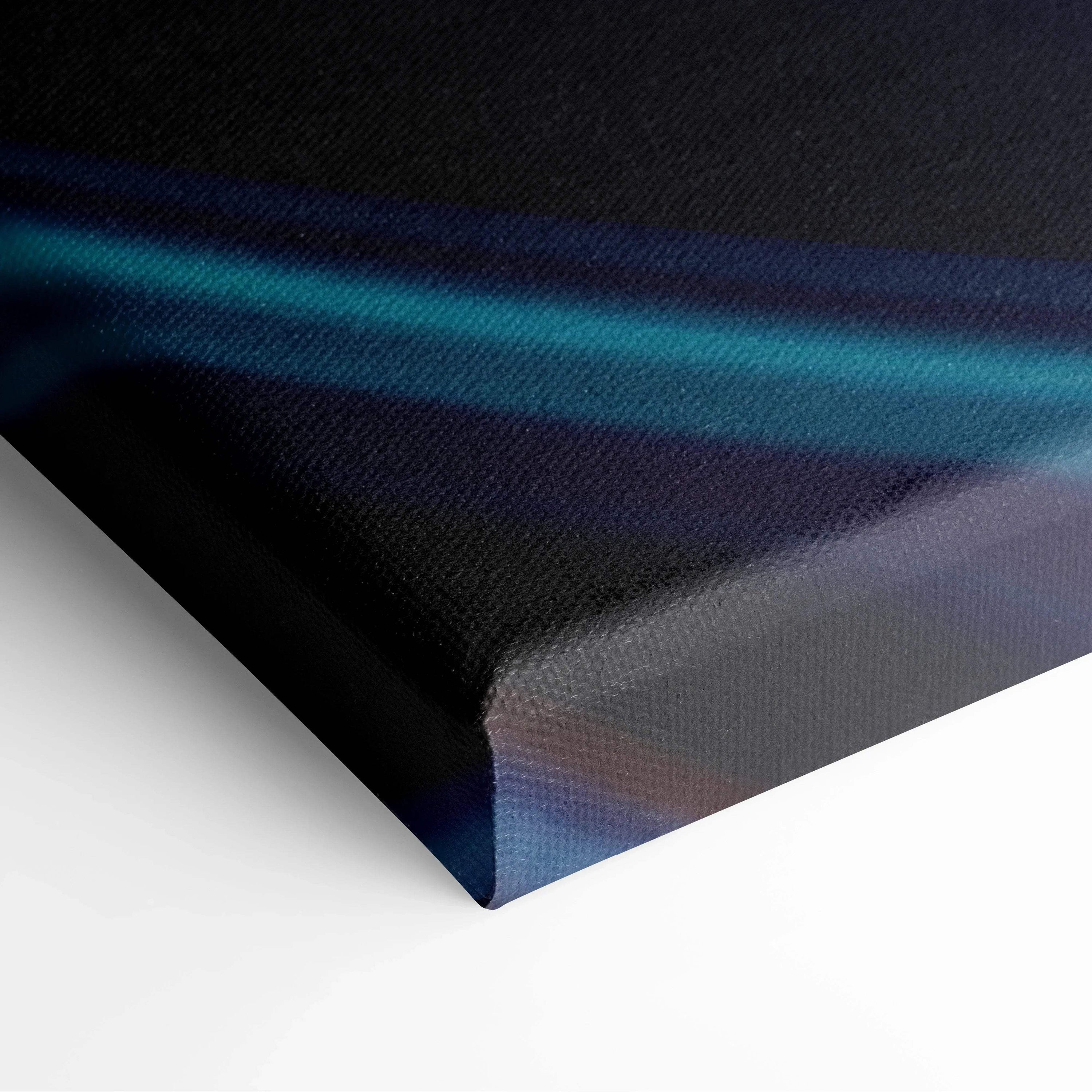 Modern abstract digital art canvas print with blue and black geometric shapes on textured fabric wall art.