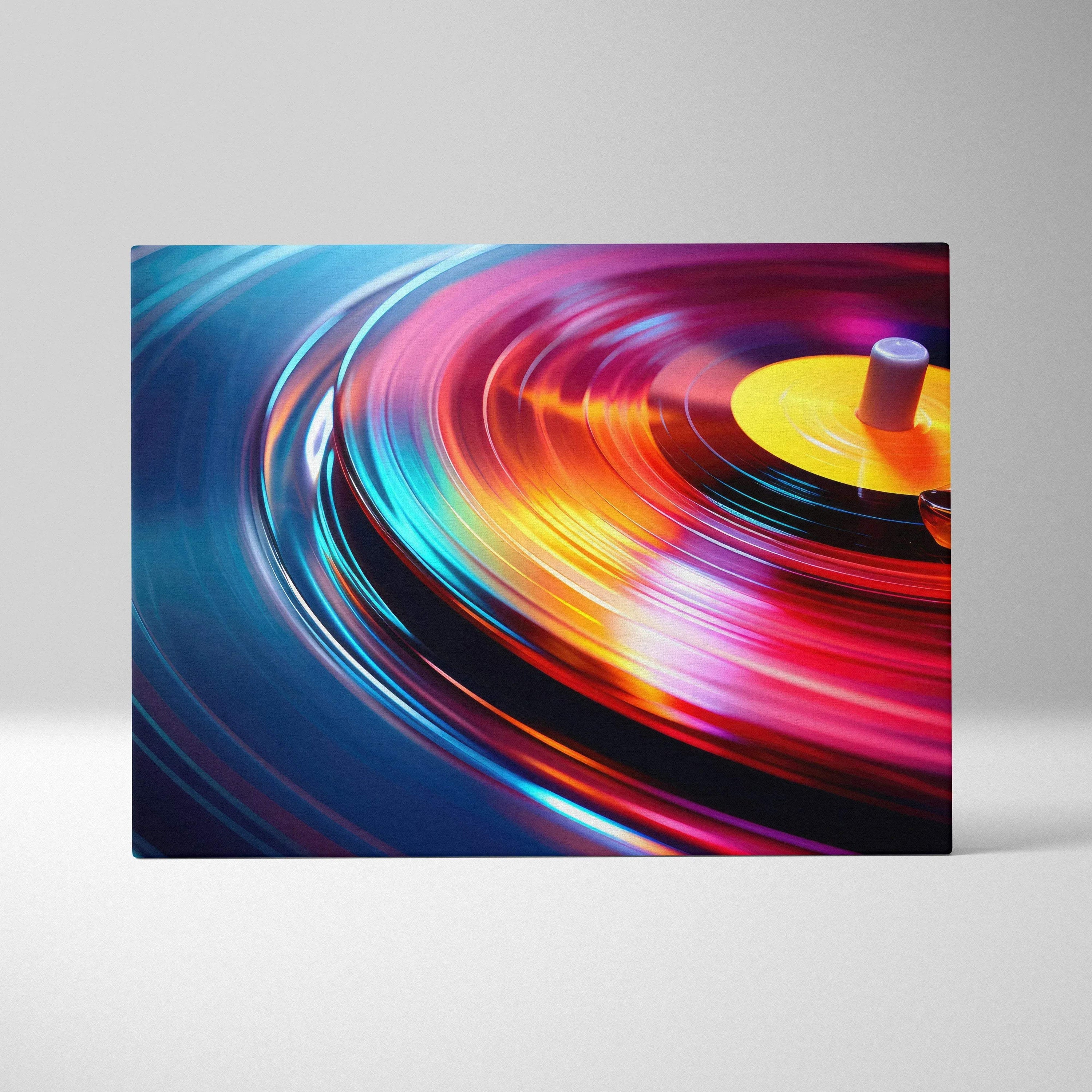 Vibrant abstract digital art canvas featuring swirling neon pink, blue, orange, and yellow light trails in circular motion.