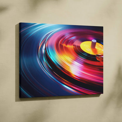 Vibrant abstract digital canvas art featuring swirling neon colors in circular motion with yellow center detail.