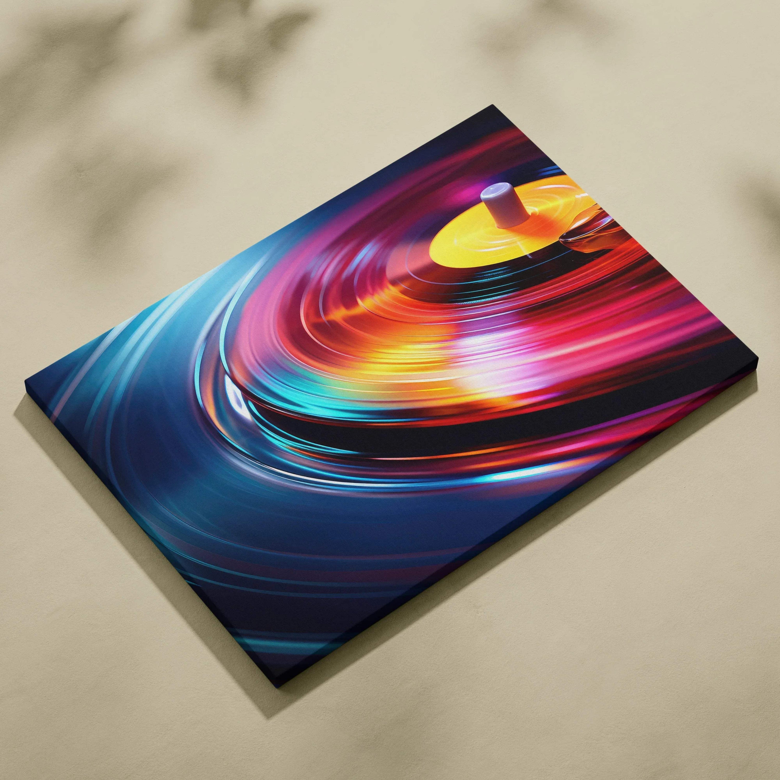 Abstract modern art canvas print with swirling vibrant colors of blue, purple, red, and yellow.