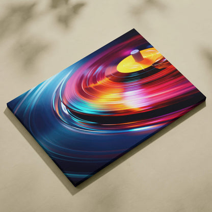Abstract modern art canvas print with swirling vibrant colors of blue, purple, red, and yellow.