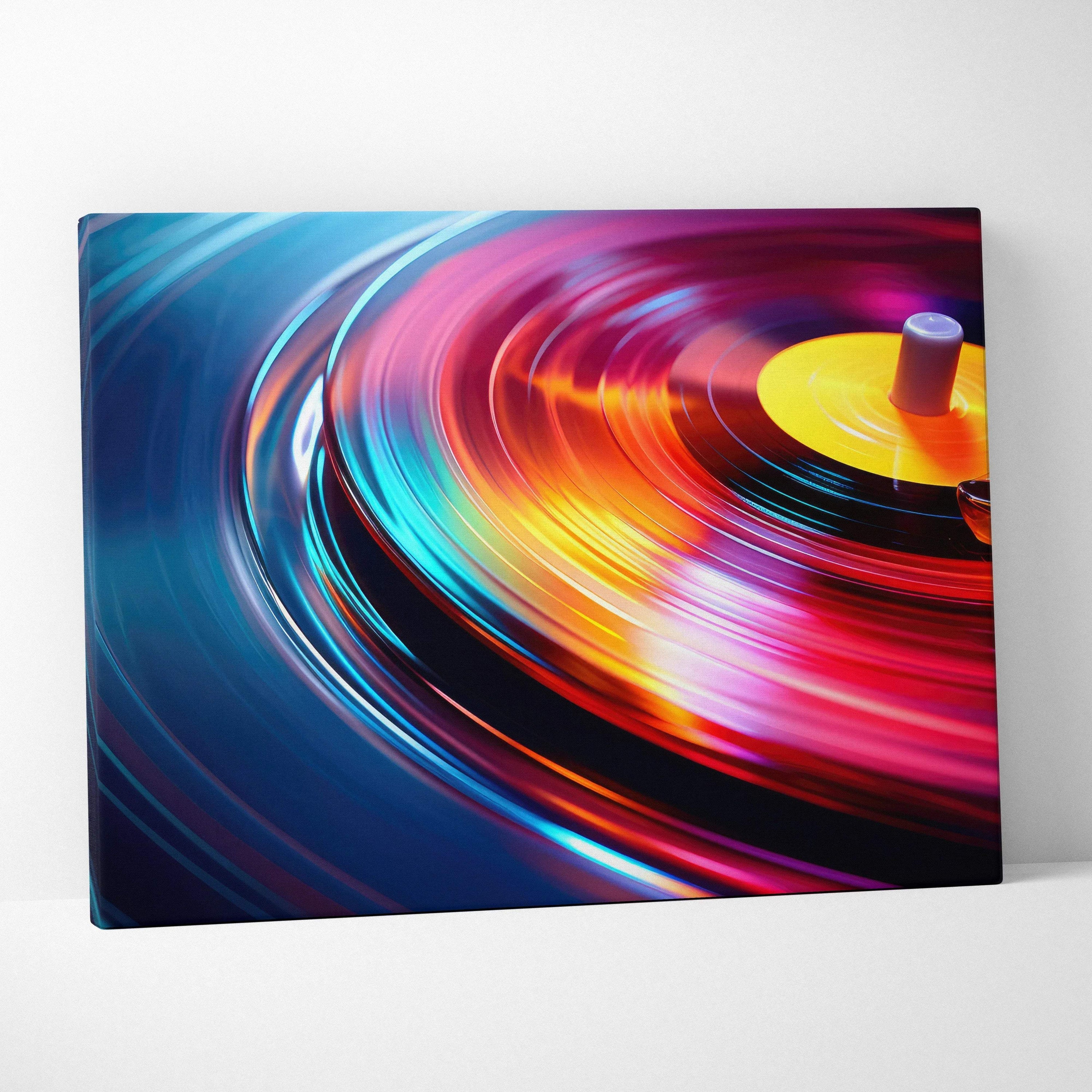 Canvas wall art featuring vibrant, swirling abstract digital design in red, blue, and yellow tones.