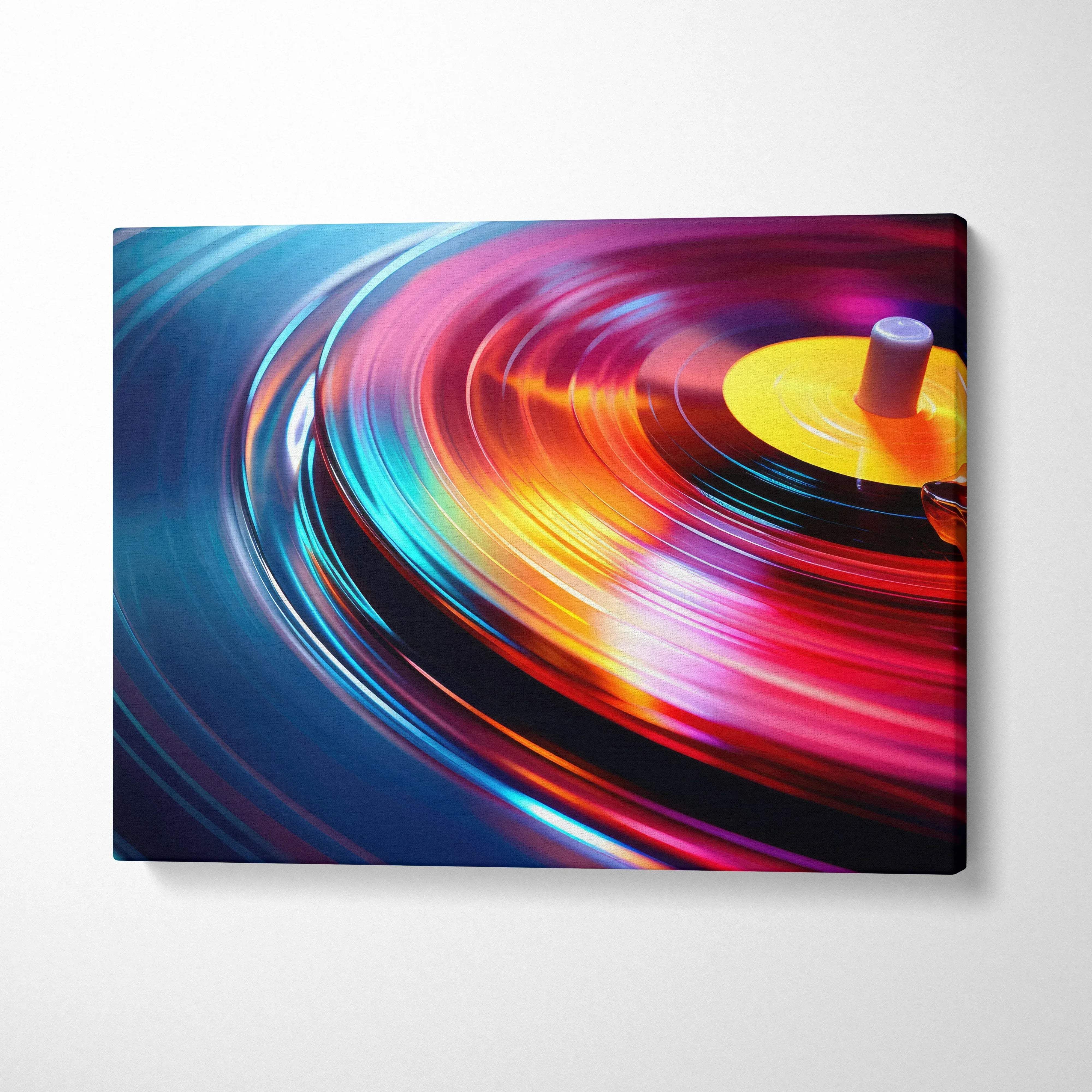 Abstract digital art canvas print with vibrant swirls of orange, pink, and blue on black wall art canvas.