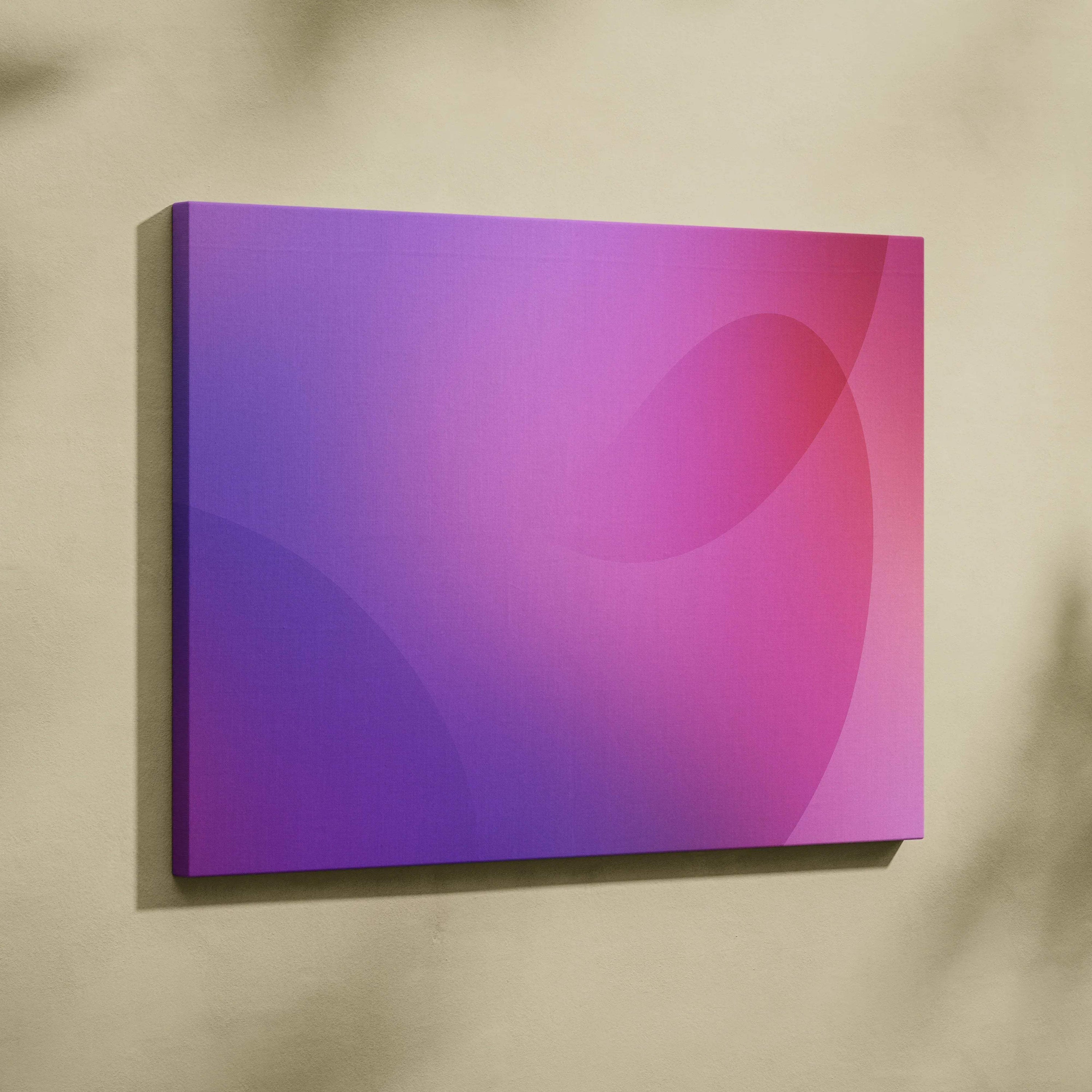 Vibrant purple and pink abstract digital art on rectangular canvas wall art with smooth gradient shapes.