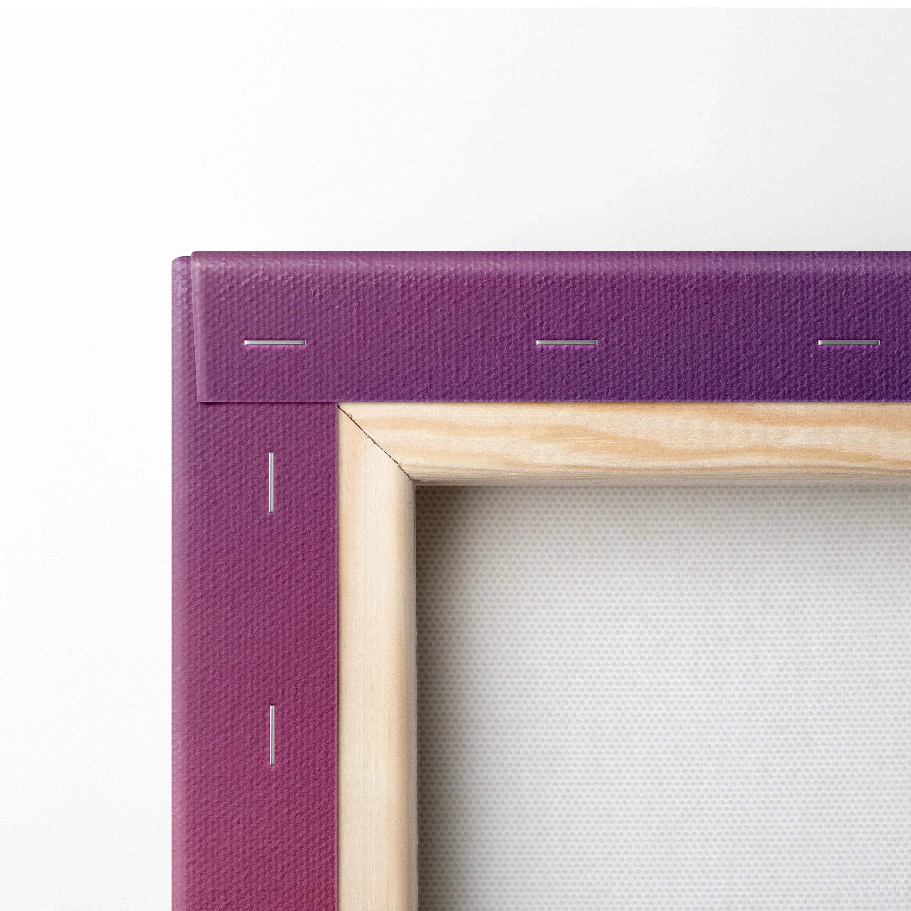 Close-up of purple-stretched canvas with wooden frame backing for wall art display.