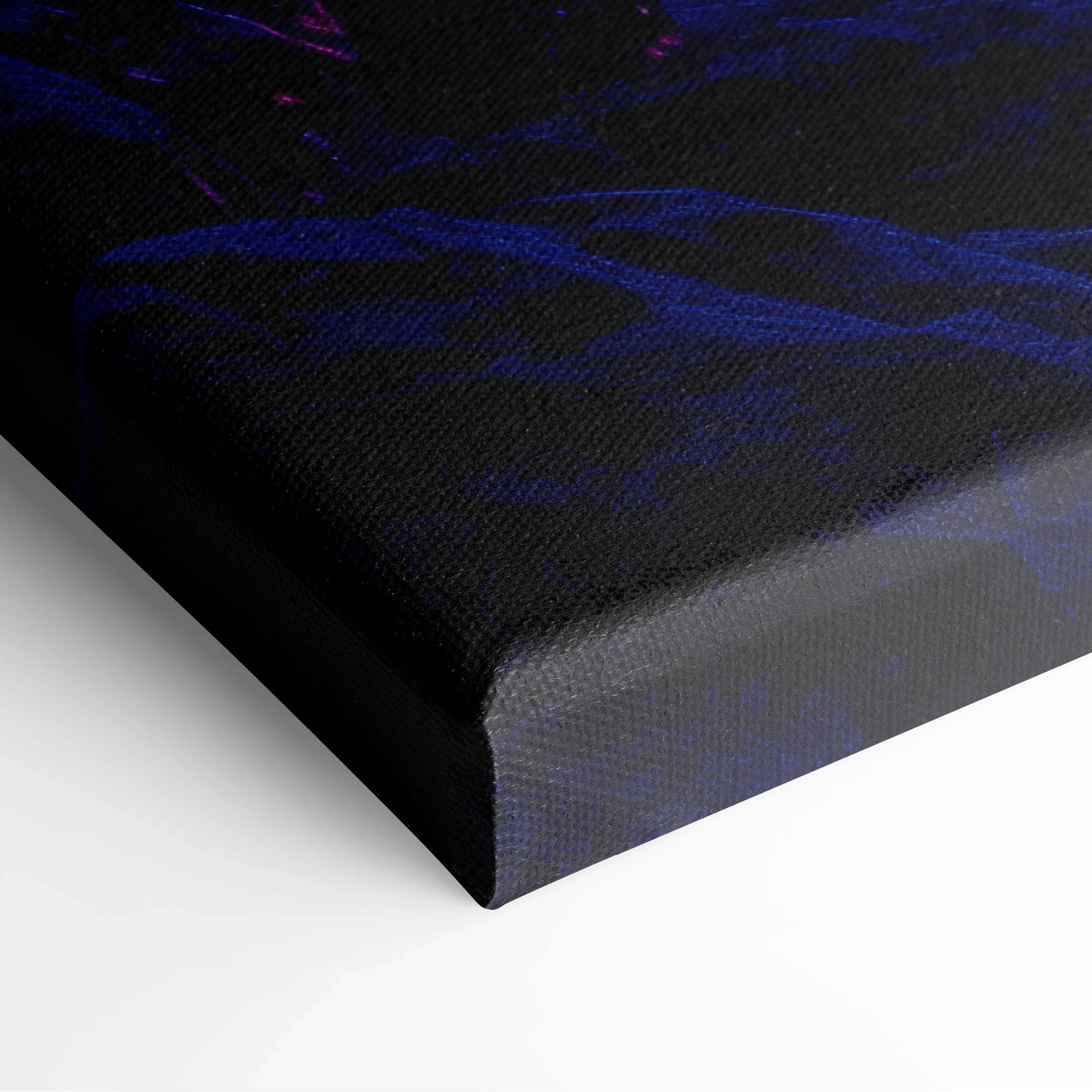 Black canvas print with textured swirling patterns of deep blue and purple for neon vaporwave mountain wall art