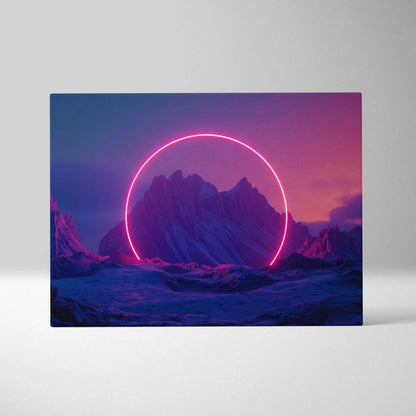 Abstract digital wall art canvas featuring neon pink circle over dark mountain landscape at dusk.