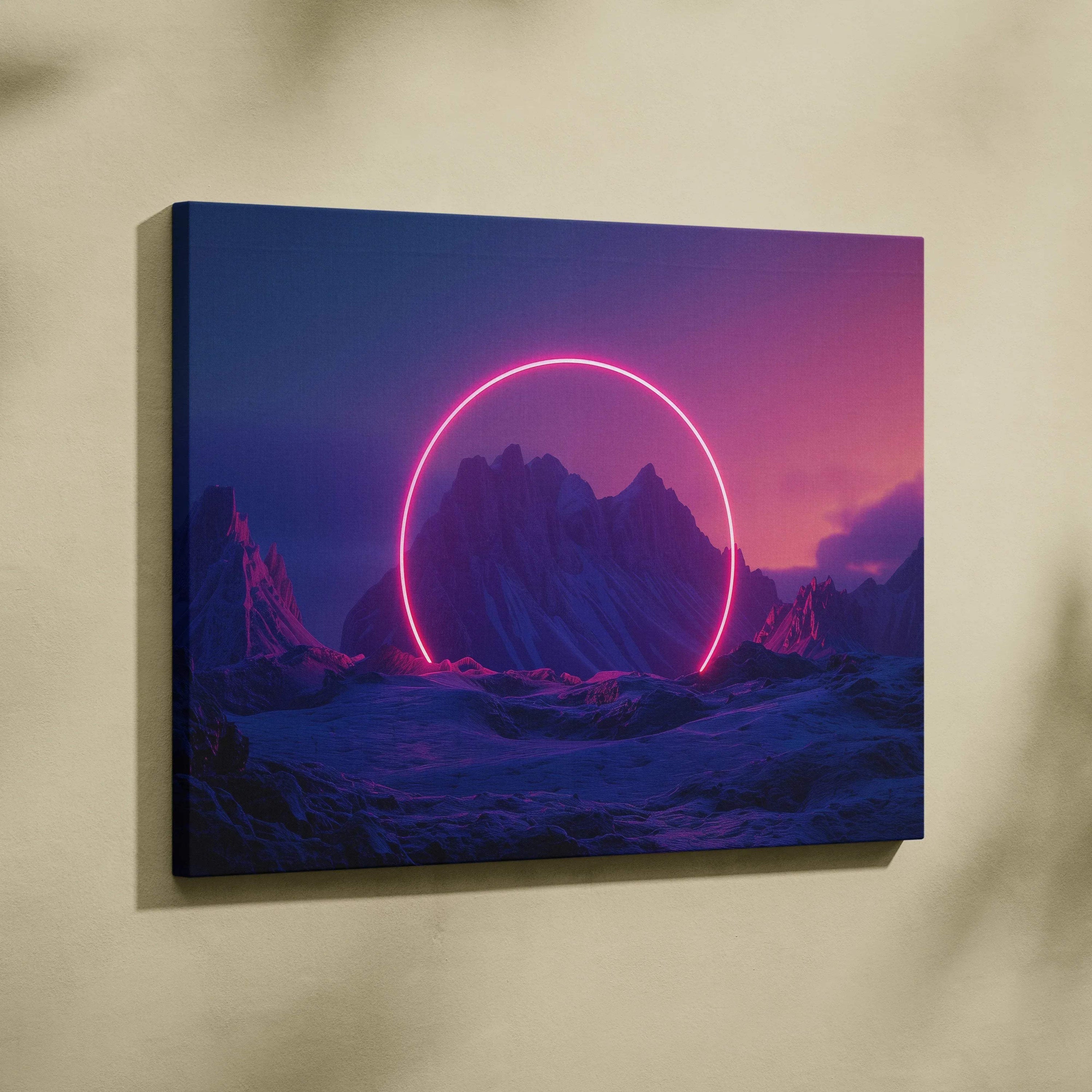 Abstract digital canvas art with neon pink circle over dark mountainous landscape wall art print.