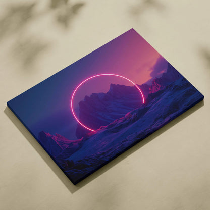 Abstract digital canvas art featuring a glowing neon pink circle over a dark mountainous landscape with purple and blue.