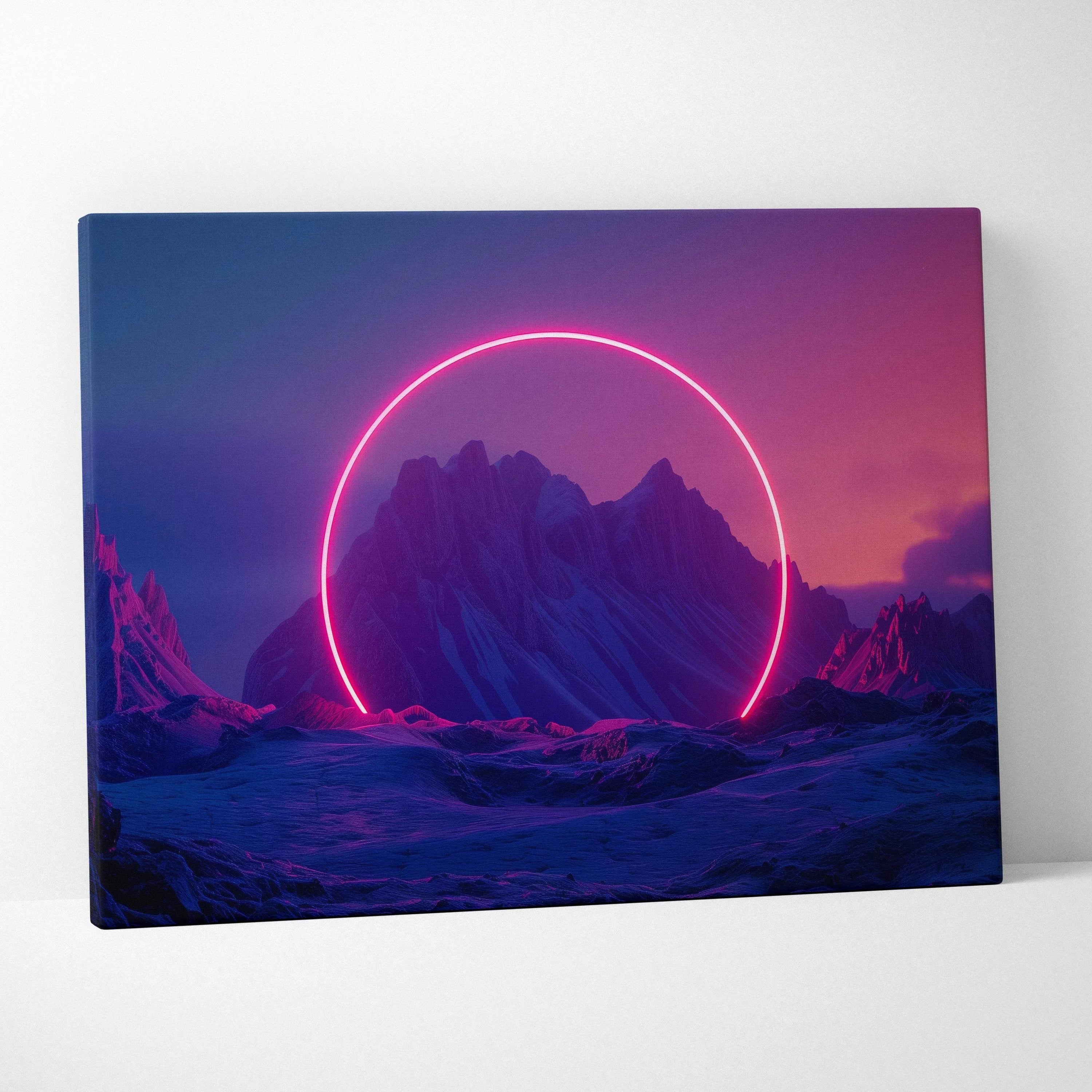 Abstract digital canvas art of neon pink circle over dark mountainous landscape wall art in purple and blue tones.