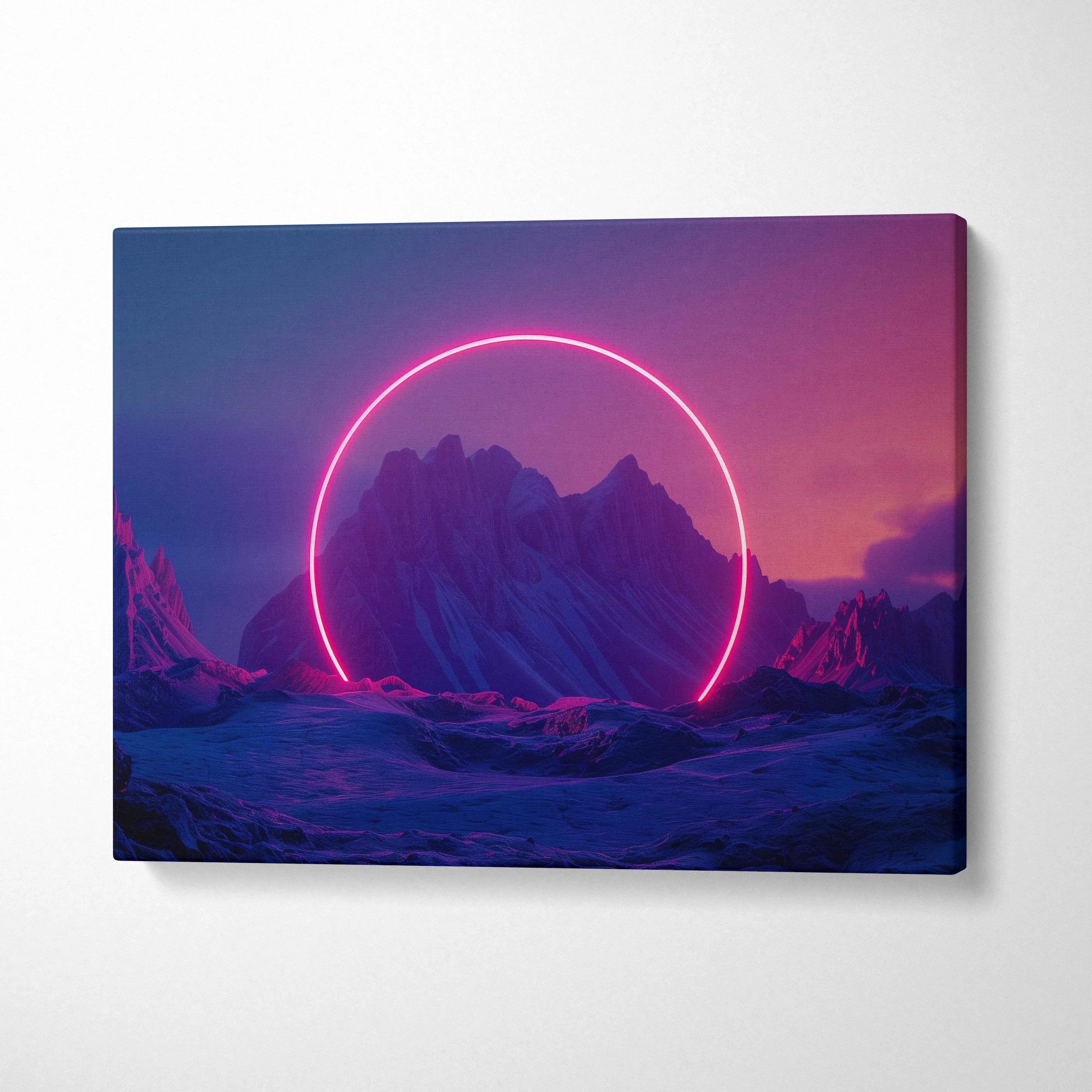 Abstract digital canvas art featuring neon pink circle over purple and blue mountain landscape wall art.