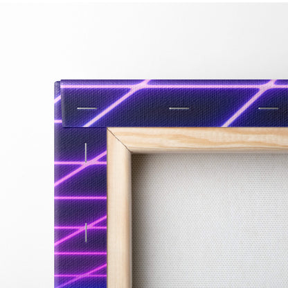 Vaporwave neon grid tunnel canvas art print with vibrant purple and neon pink geometric pattern in light wood frame