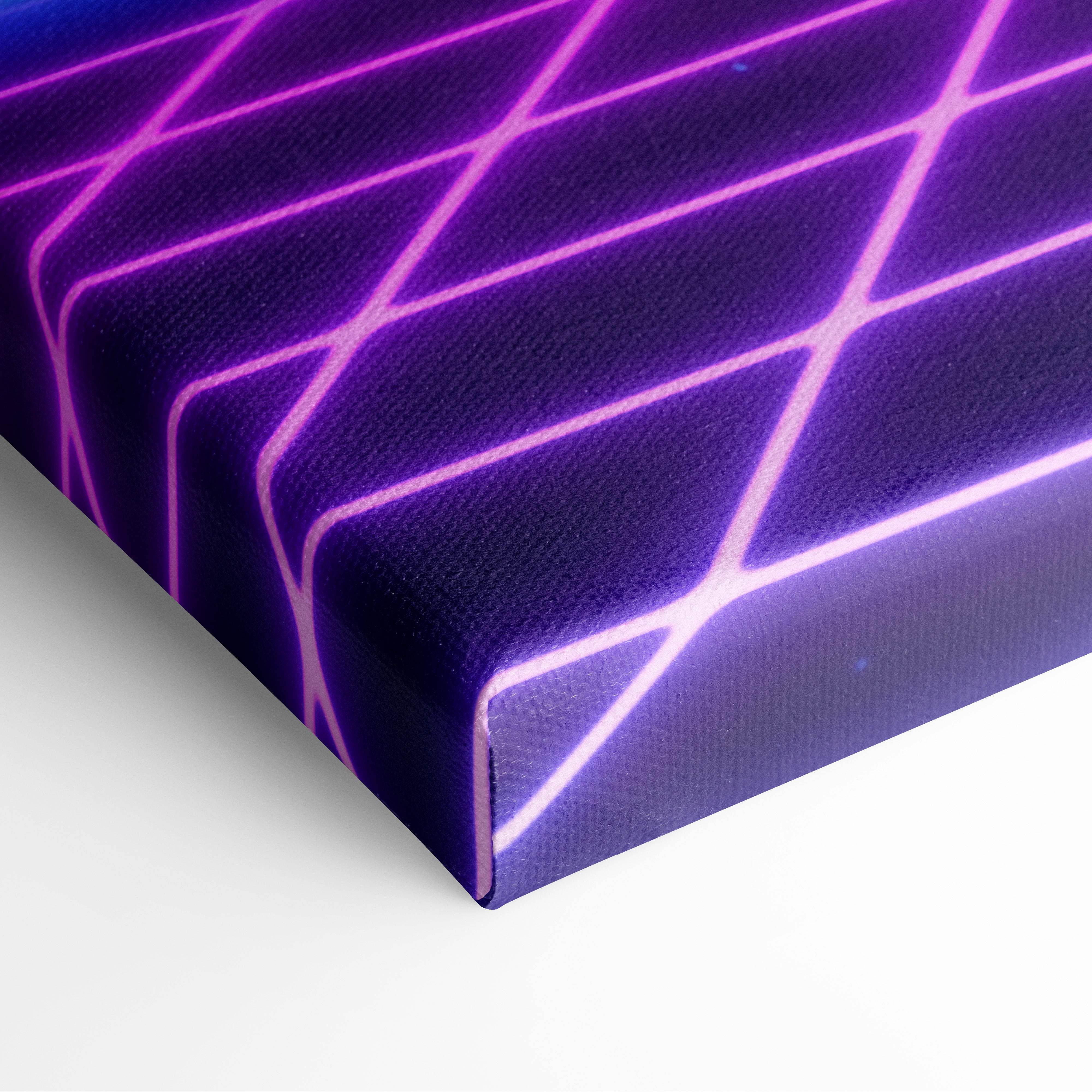 Purple canvas print featuring a glowing neon grid pattern for vaporwave synthwave wall decor with pink glow
