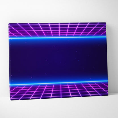 Vaporwave neon grid tunnel canvas art print with glowing purple blue retrowave cyber space and starry pink glow center