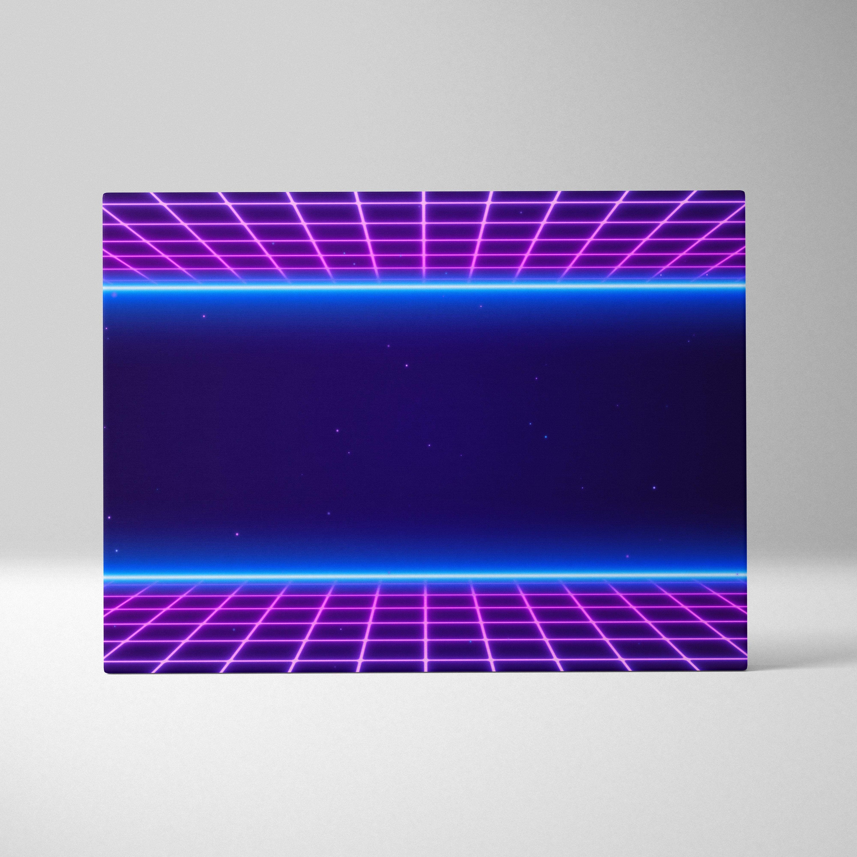 Vaporwave neon grid tunnel canvas art print with vibrant purple and blue synthwave digital design for wall decor