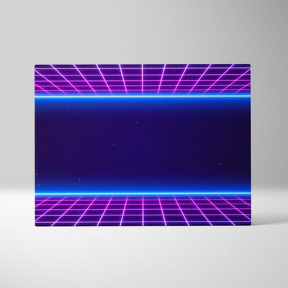 Vaporwave neon grid tunnel canvas art print with vibrant purple and blue synthwave digital design for wall decor