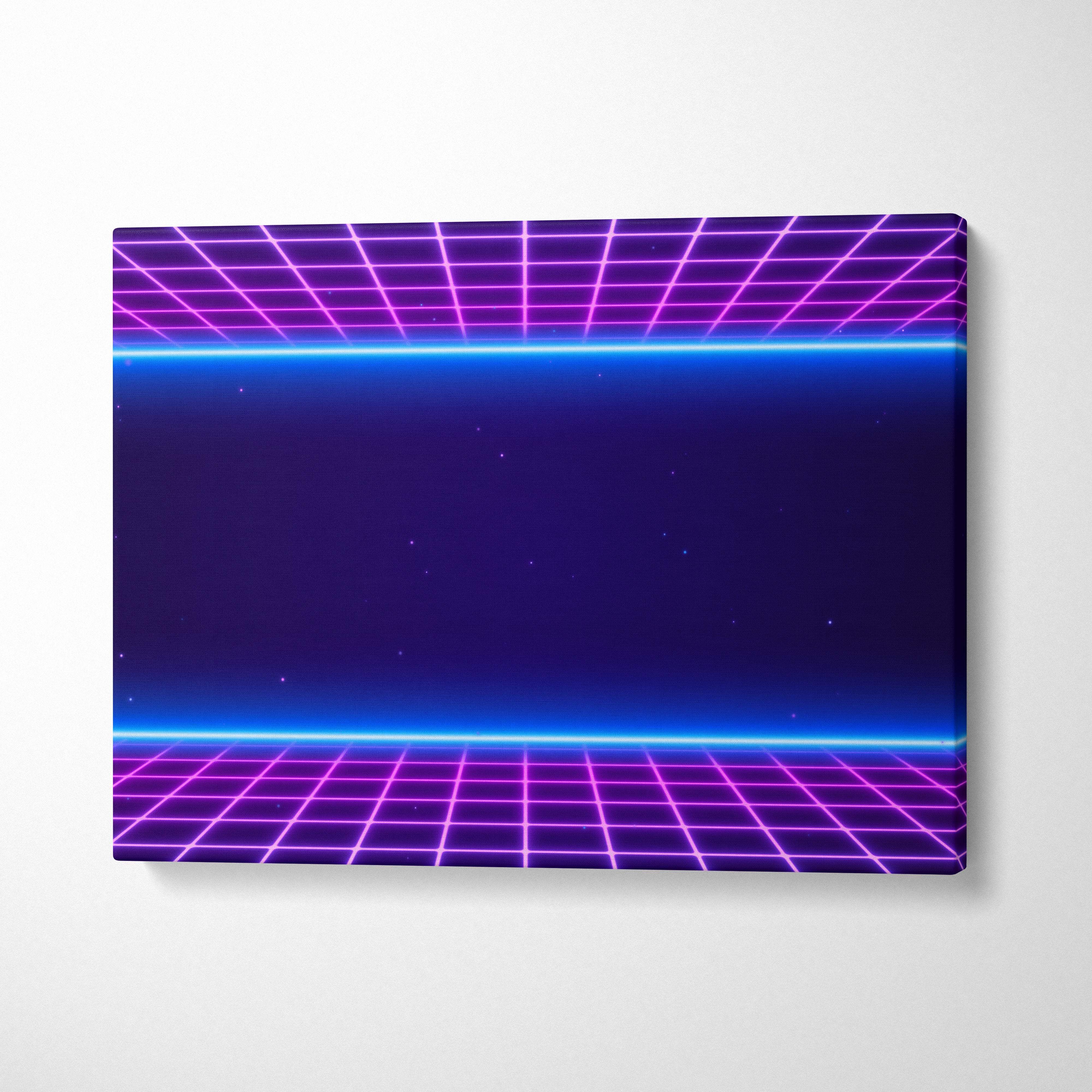 A rectangular canvas print featuring a glowing purple and blue vaporwave neon grid tunnel with retrowave starfield design