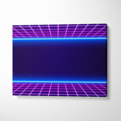 A rectangular canvas print featuring a glowing purple and blue vaporwave neon grid tunnel with retrowave starfield design