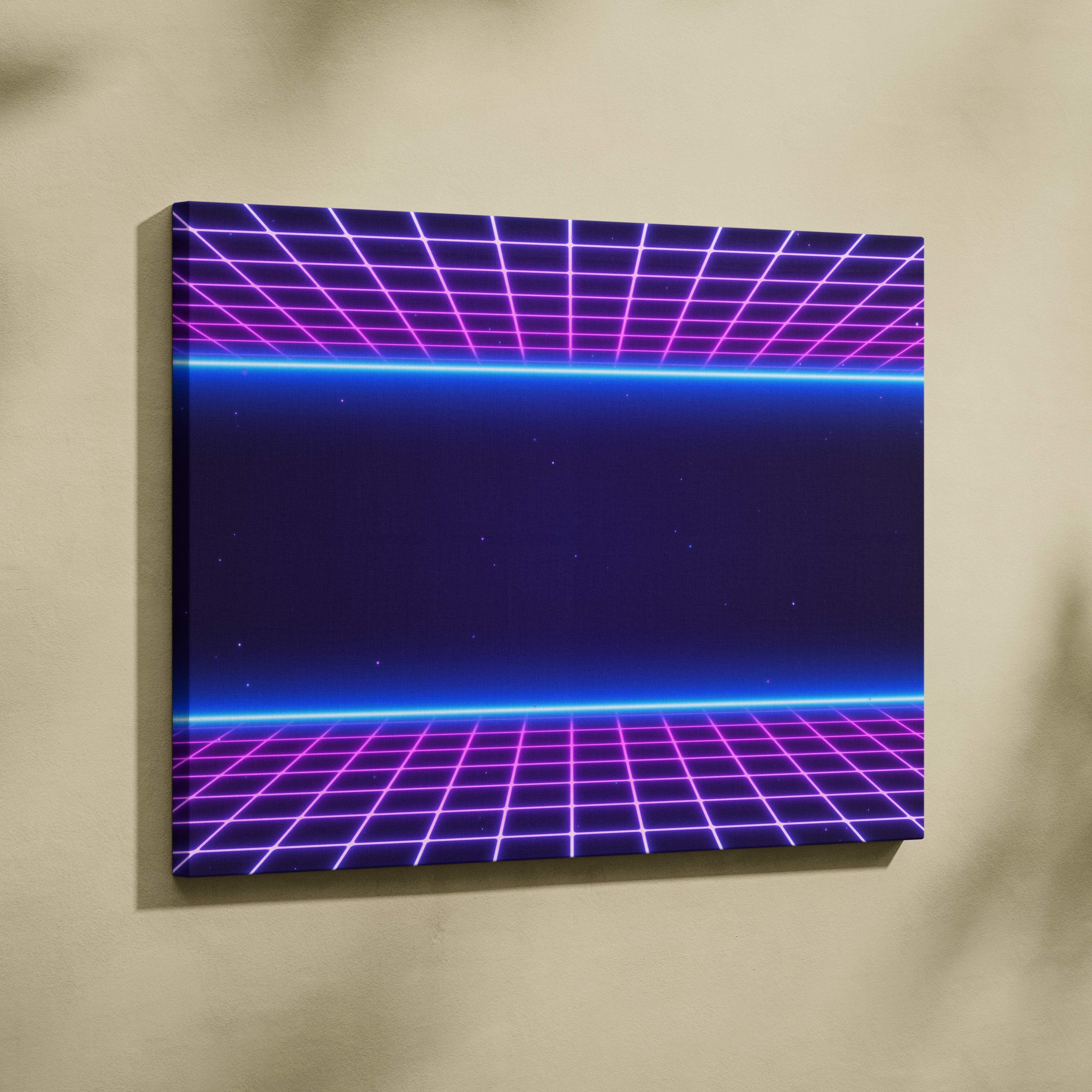 Vaporwave neon grid tunnel canvas art print with glowing purple blue neon lines on deep space synthwave backdrop