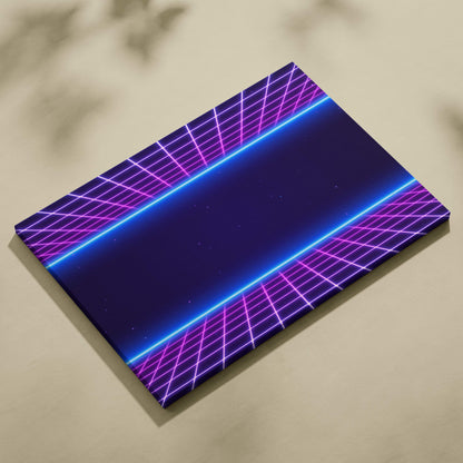 Rectangular canvas art print with vaporwave neon grid tunnel design in purple and blue for cyber space wall decor