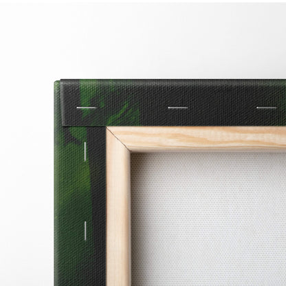 Light-colored wooden frame with dark green abstract canvas for enchanted green forest wall art decor