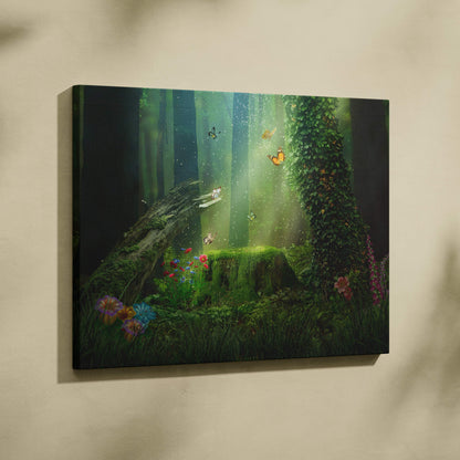Enchanted green forest canvas wall art print featuring vibrant mossy trees and colorful wildflowers in sunlight