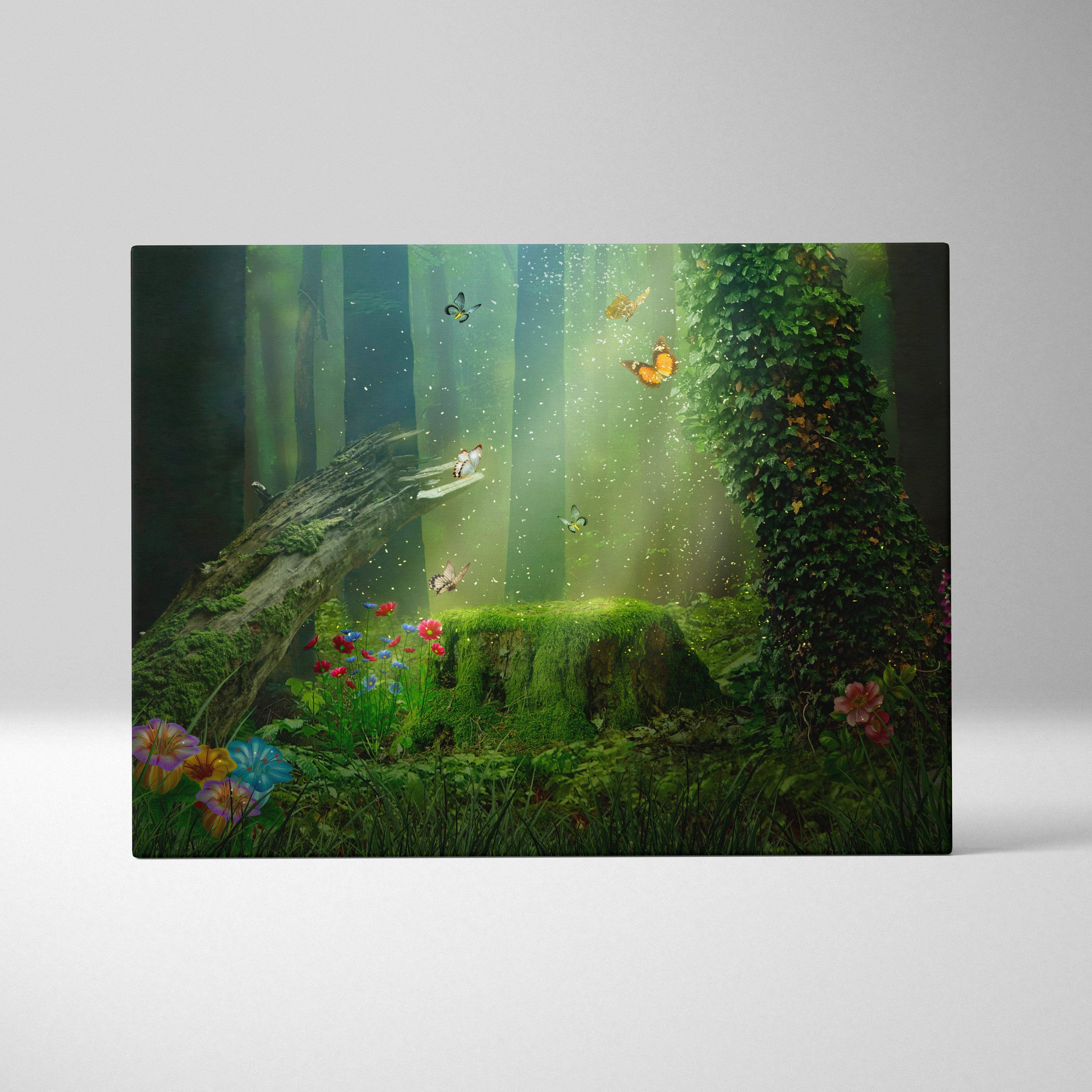 Rectangular canvas print of an enchanted green forest with moss covered trees and colorful wildflowers for whimsical decor
