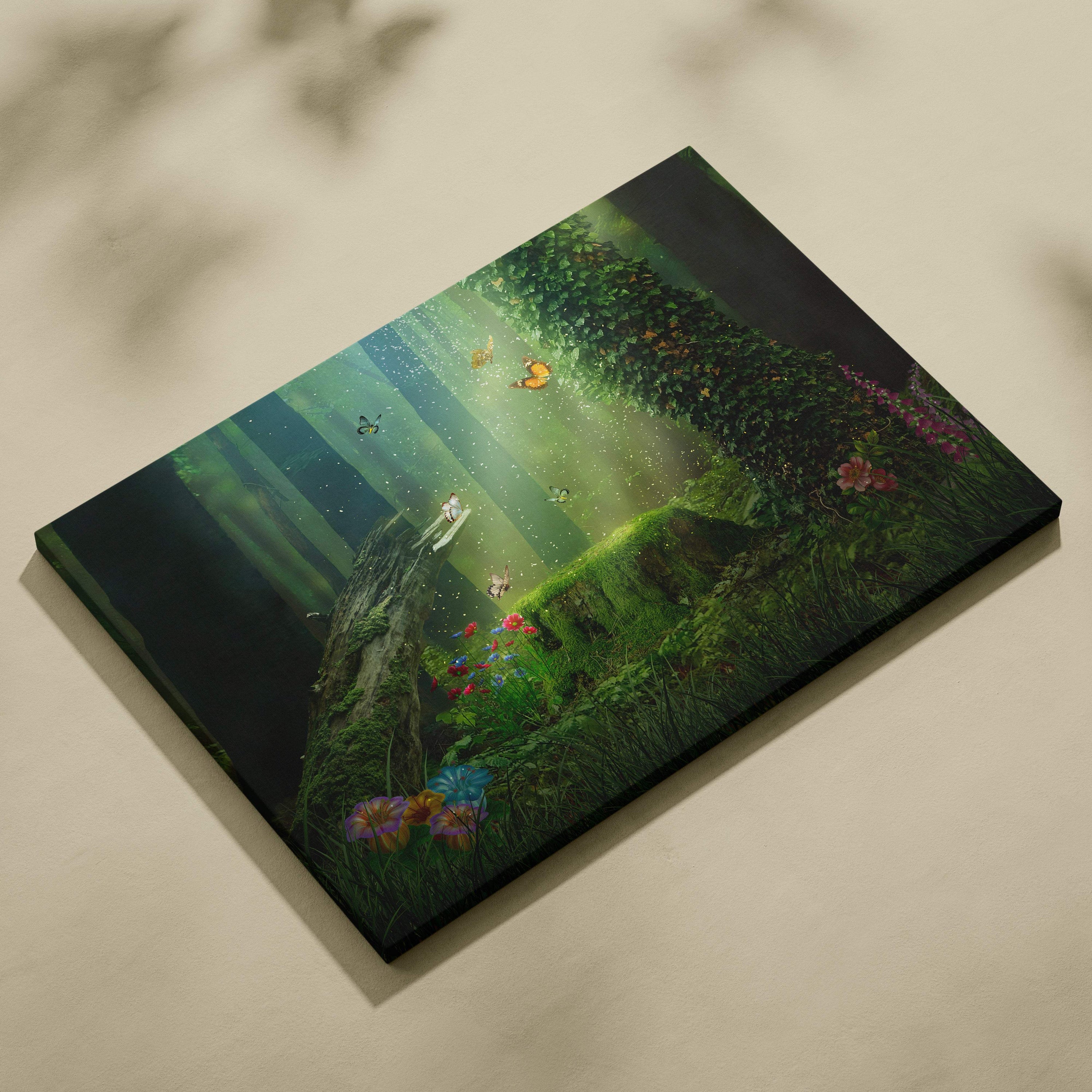 Enchanted green forest canvas wall art print featuring vibrant moss-covered trees and colorful flowers in a whimsical scene