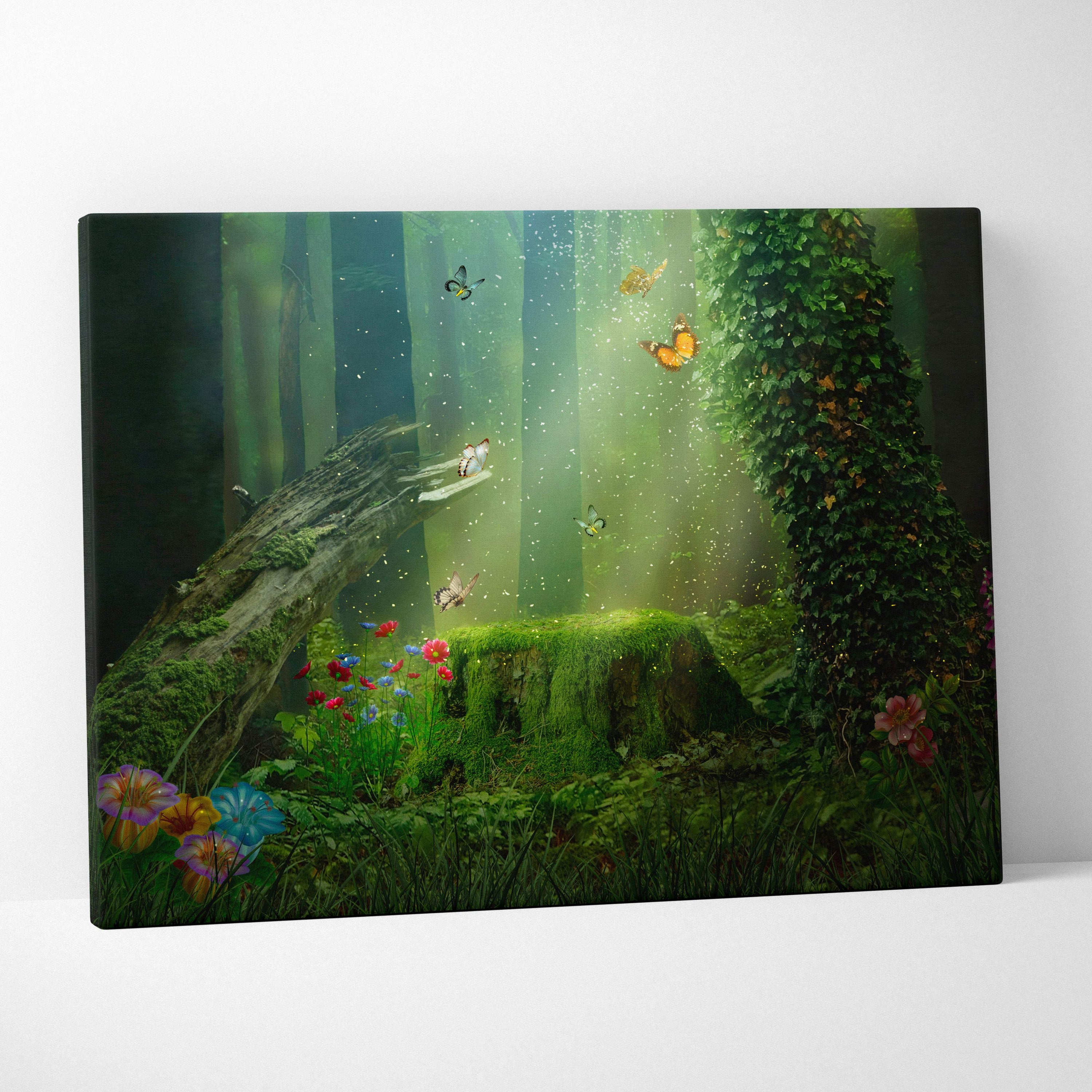 Rectangular canvas print of enchanted green forest with moss covered trees and colorful wildflower nature decor