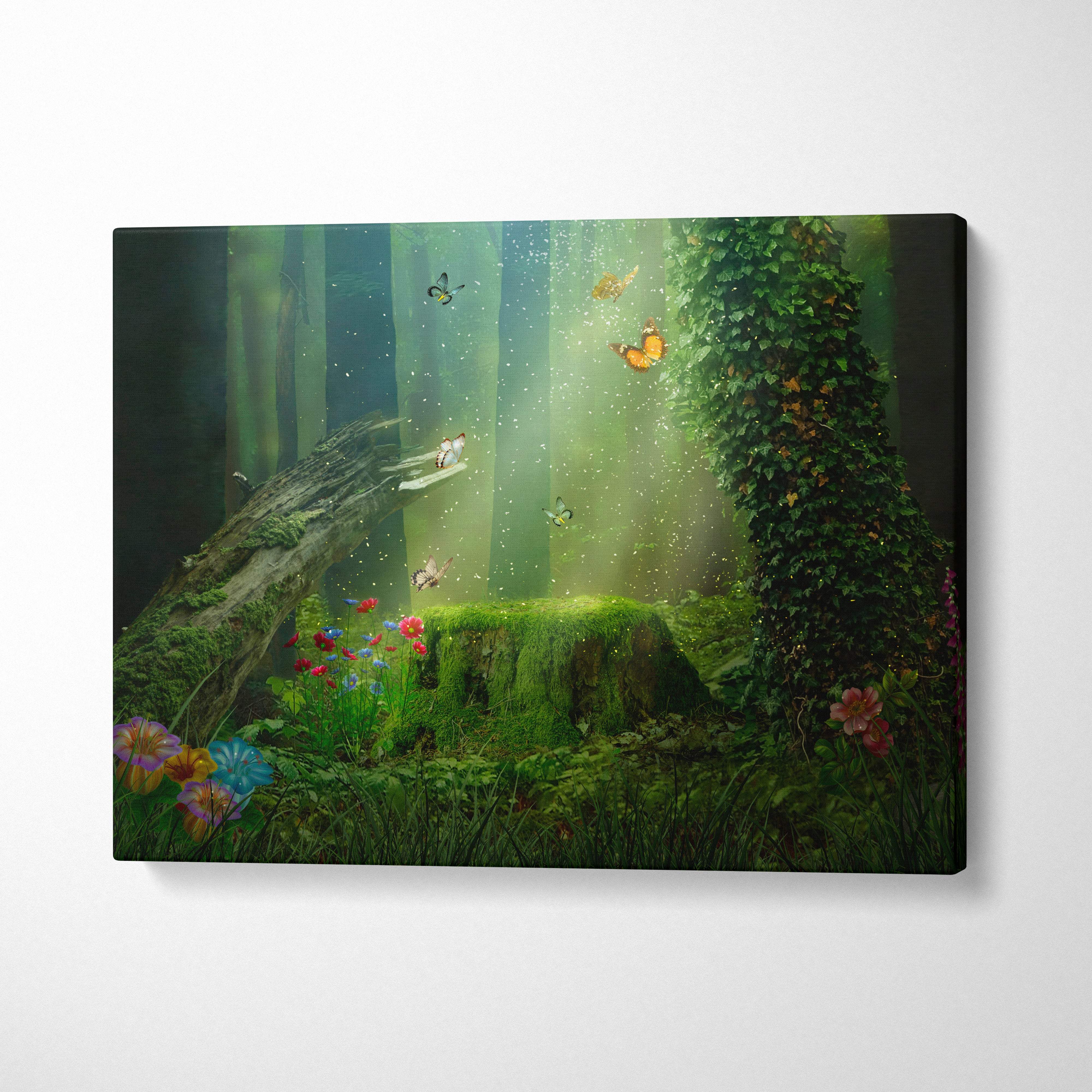 Enchanted green forest canvas wall art print featuring moss-covered trees wildflowers and butterflies in soft green light