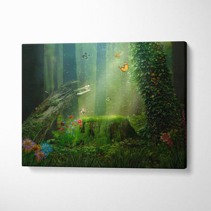 Enchanted green forest canvas wall art print featuring moss-covered trees wildflowers and butterflies in soft green light